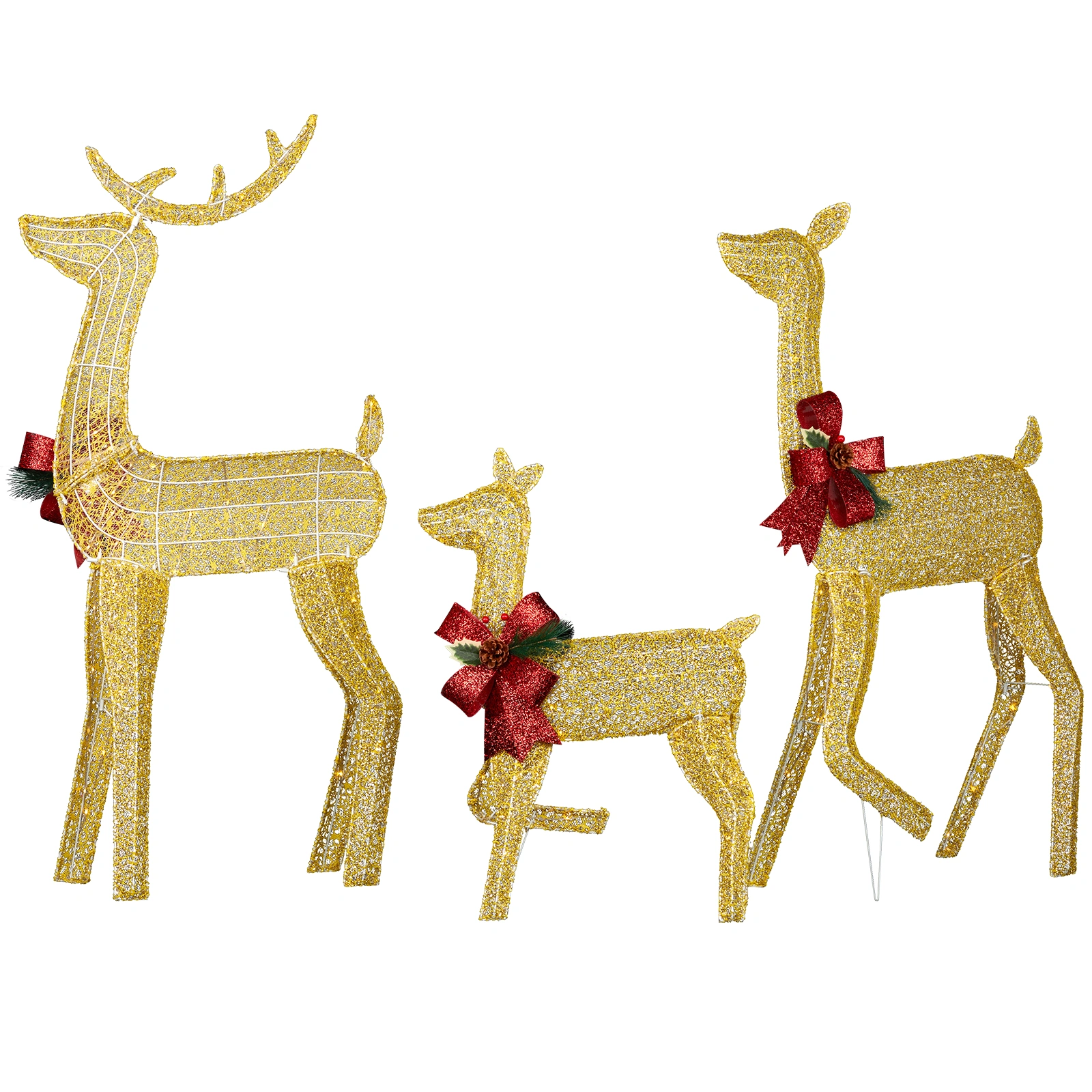 3-Piece Lighted Christmas Reindeer Family Set, 200 LED Warm White Outdoor Decor, Weatherproof 2D Deer Ornaments with Stakes, Golden view 3