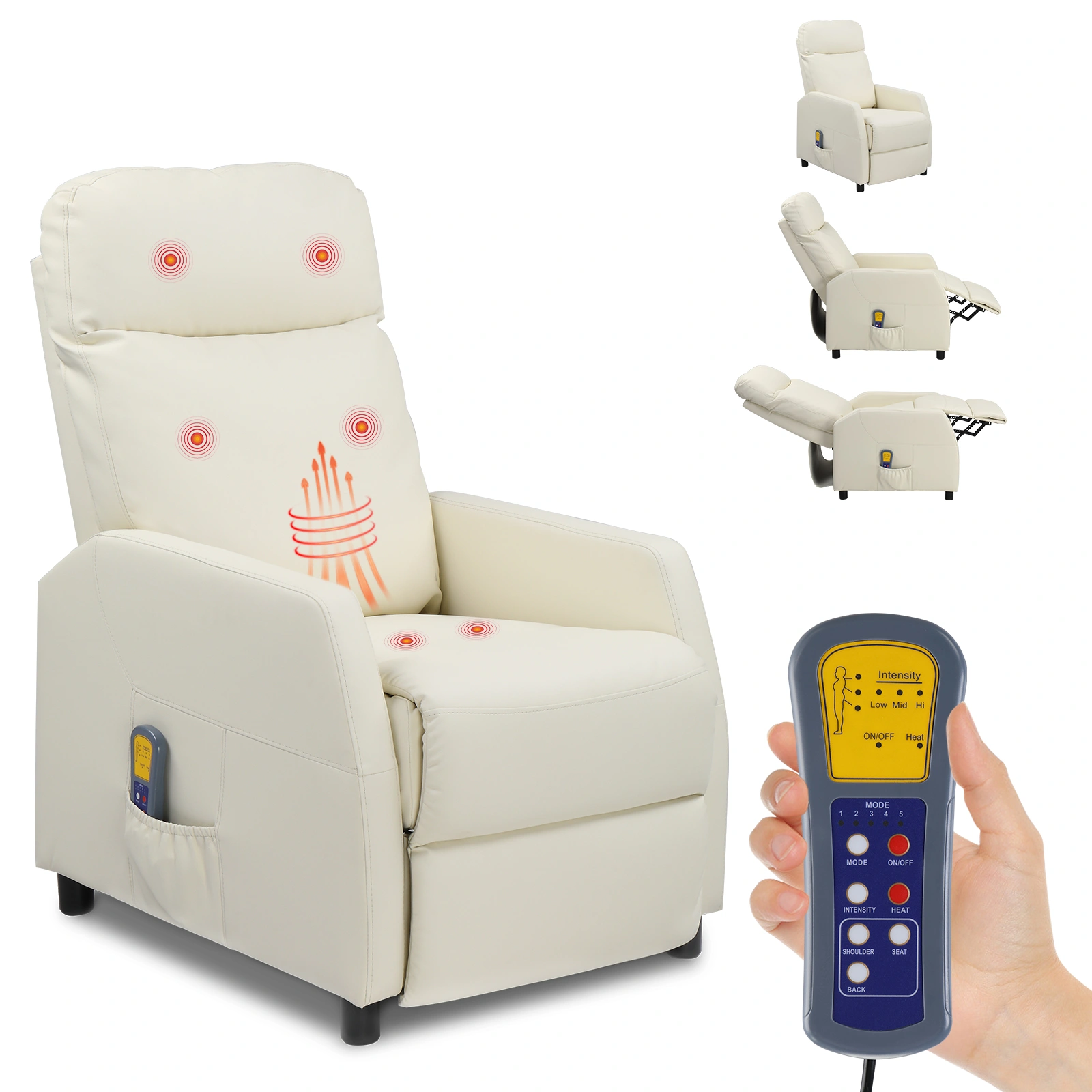 Cream White PU Recliner Chair with 6-Point Massage & Heating Function - Electric Rocking Recliner for Living Room