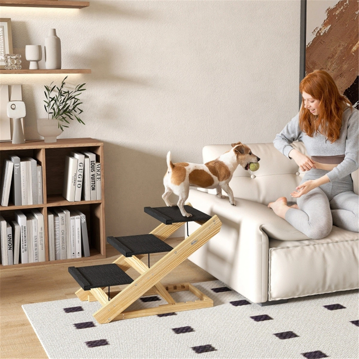 4-Step Pet Stairs for Large Dogs, Foldable Foam Dog Steps with Removable Fleece Cover for Bed Couch Sofa view 3