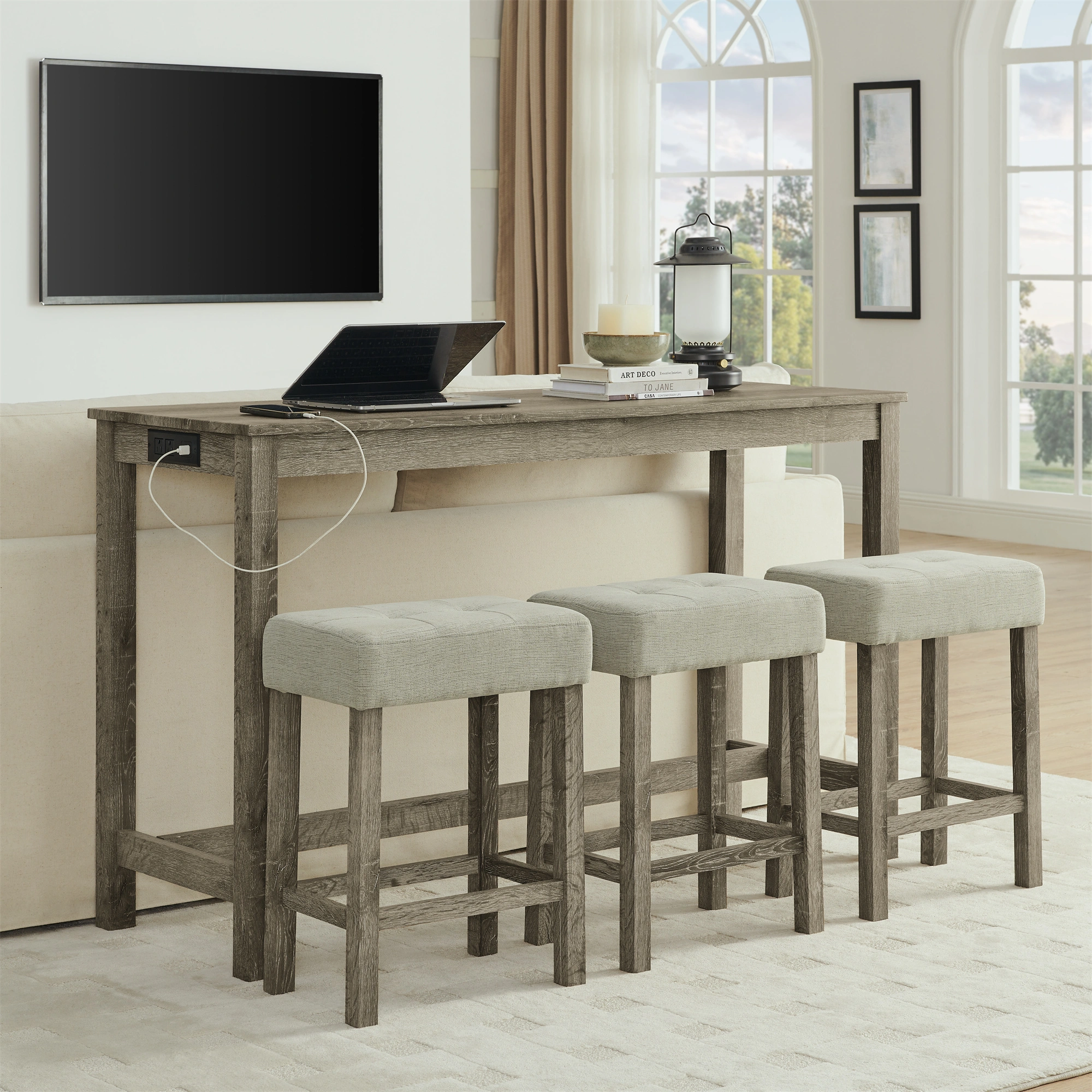 59" Bar Table with Power Outlet & 3 Upholstered Stools, 4 Piece Bar Height Dining Table Set for Living Room, Kitchen, Dining Room view 12