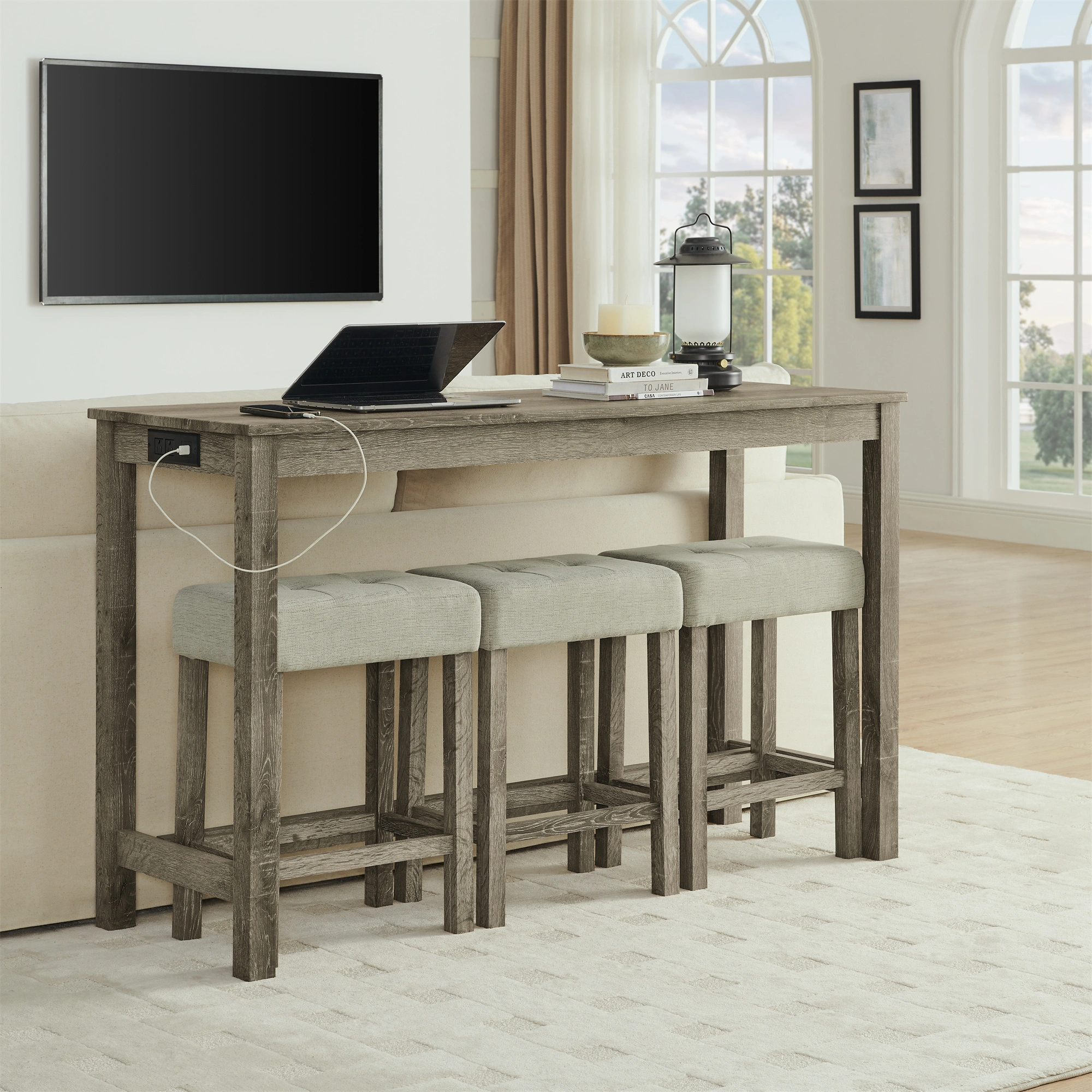 59" Bar Table with Power Outlet & 3 Upholstered Stools, 4 Piece Bar Height Dining Table Set for Living Room, Kitchen, Dining Room view 13