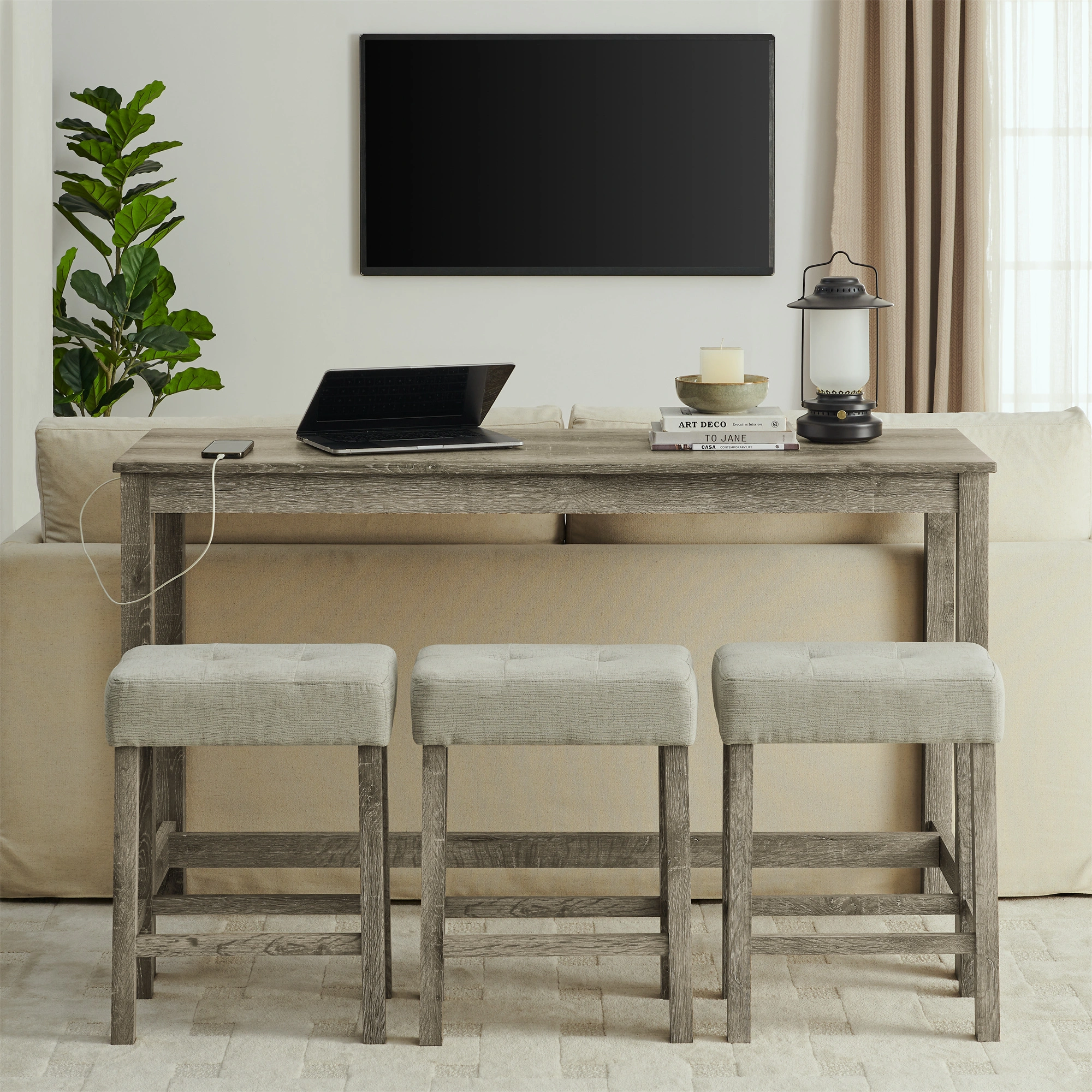 59" Bar Table with Power Outlet & 3 Upholstered Stools, 4 Piece Bar Height Dining Table Set for Living Room, Kitchen, Dining Room view 16