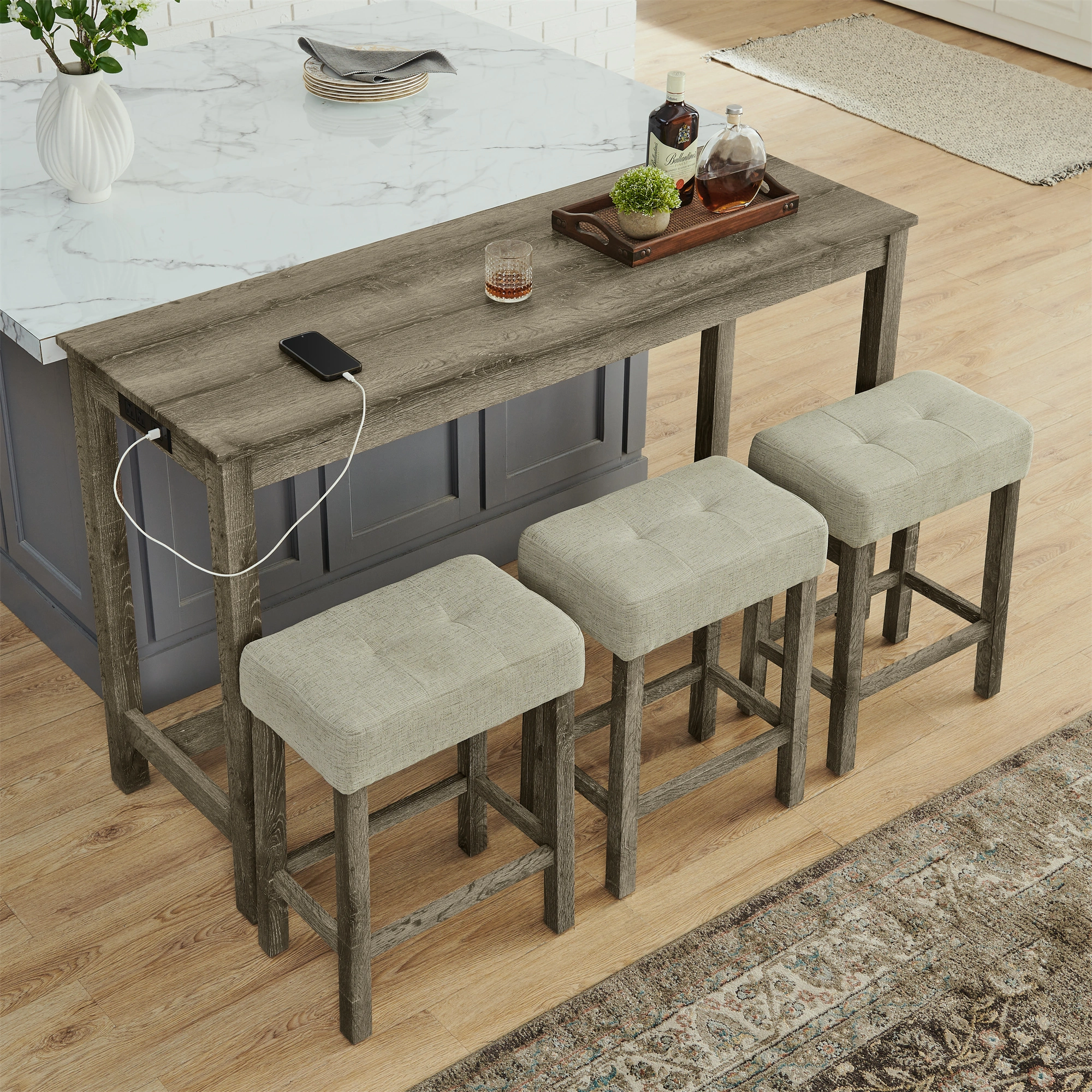 59" Bar Table with Power Outlet & 3 Upholstered Stools, 4 Piece Bar Height Dining Table Set for Living Room, Kitchen, Dining Room view 17