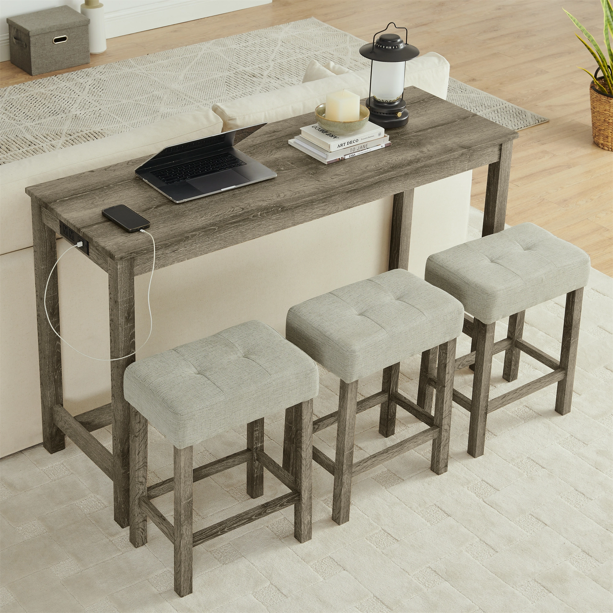 59" Bar Table with Power Outlet & 3 Upholstered Stools, 4 Piece Bar Height Dining Table Set for Living Room, Kitchen, Dining Room view 19