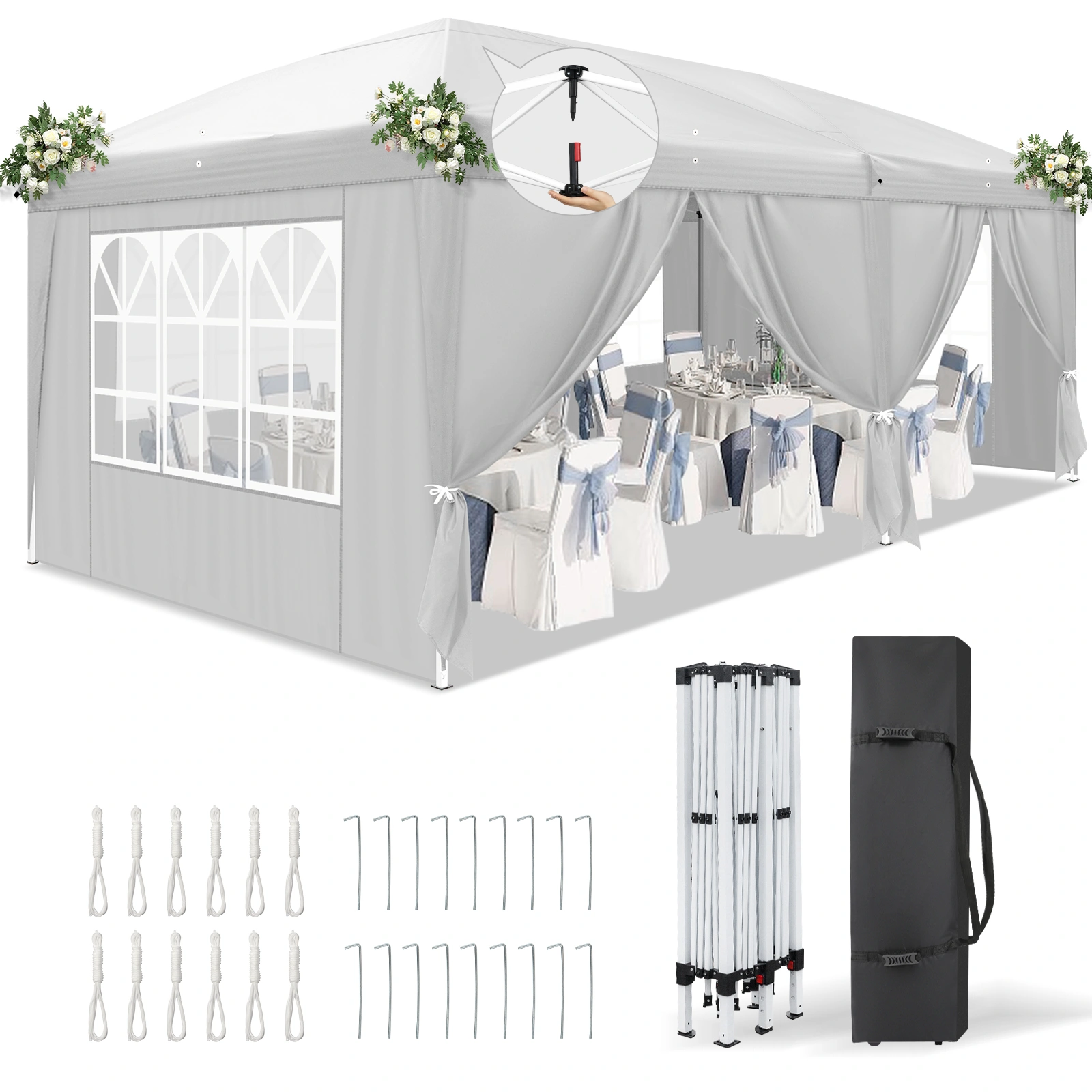 10'x20' Instant Pop Up Canopy Tent White, 6 Side Panels 2 Doors 4 Mesh Windows, 28/22mm Powder Coated Steel Frame, 10x20mm Crossbar, 210D Oxford Outdoor Folding Tent with Carry Bag, No Sandbags