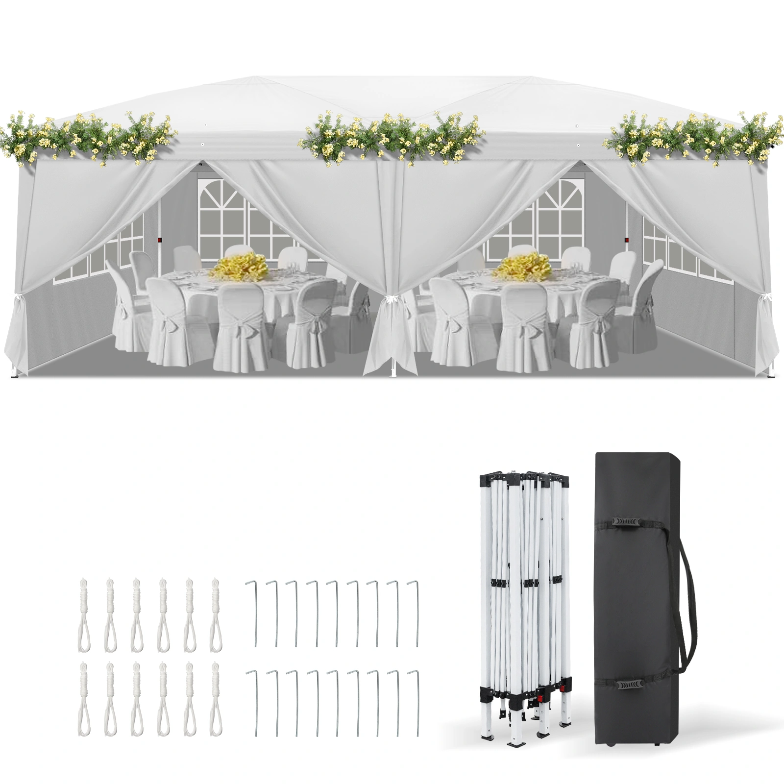 10x20' Instant Pop Up Canopy Tent White, 6 Side Panels 2 Doors 4 Mesh Windows, Powder Coated Steel Frame, 210D Oxford Outdoor Folding Shelter with Carry Bag view 2