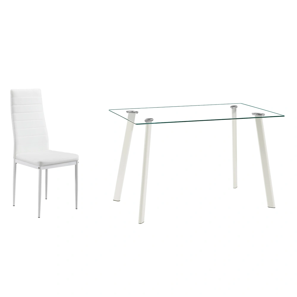 5 Piece Dining Table Set with 4 Chairs, Glass Top Metal Frame Kitchen Dining Room Furniture Set, White view 3