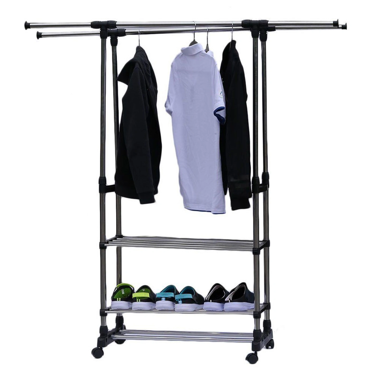3-Tier Stainless Steel Adjustable Telescopic Garment Rack, Dual Bar Horizontal Vertical Clothing Shoe Organizer B