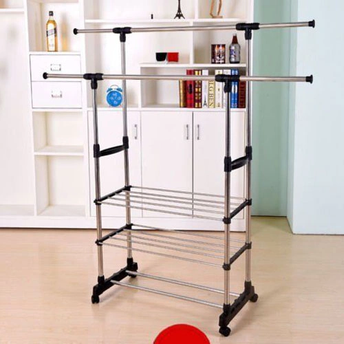 3-Tier Stainless Steel Adjustable Telescopic Garment Rack, Dual Bar Horizontal Vertical Clothing Shoe Organizer B view 2