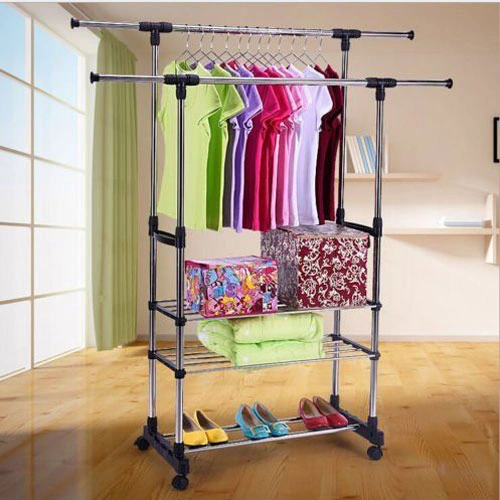 3-Tier Stainless Steel Adjustable Telescopic Garment Rack, Dual Bar Horizontal Vertical Clothing Shoe Organizer B view 3