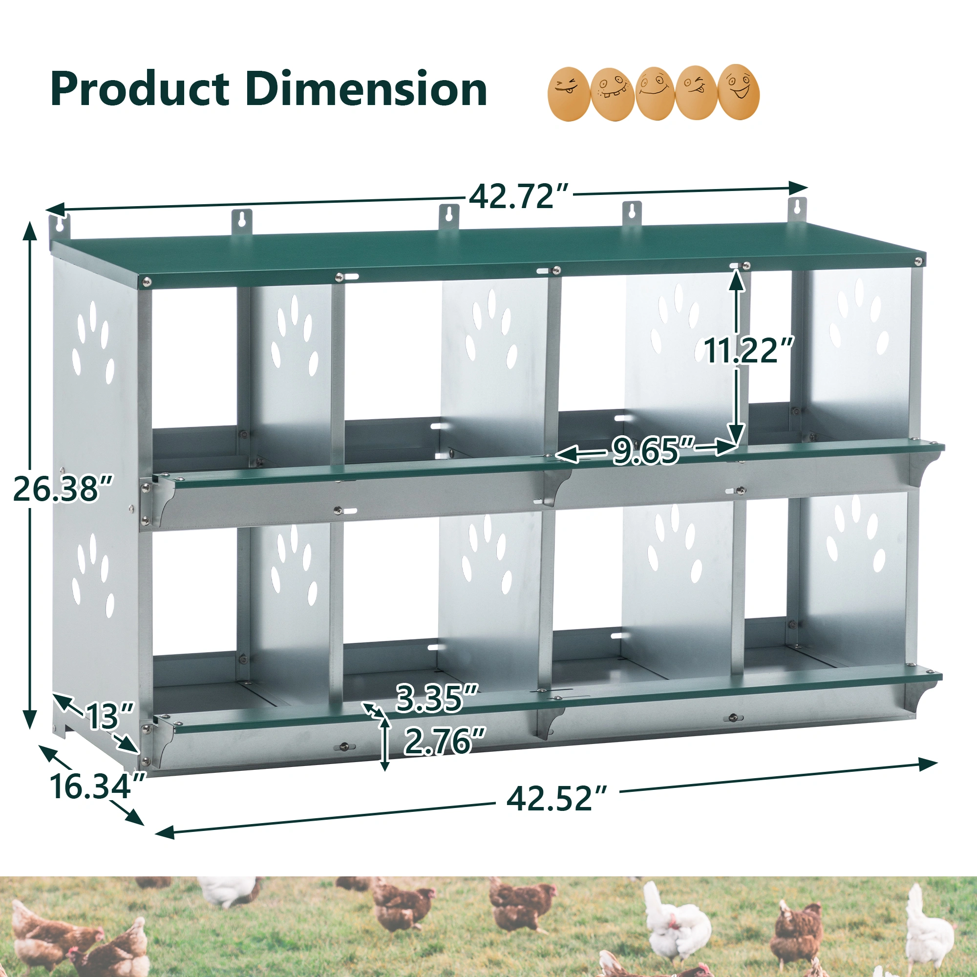 8-Compartment Wall-Mount Chicken Nesting Box, Metal Hen Nest Box with Large Vented Opening for Egg Laying view 2