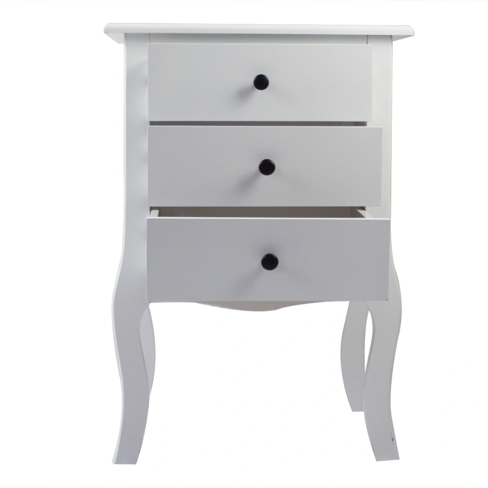 European Style Bedside Table with 3 Drawers, White Nightstand with Charging Station for Bedroom
