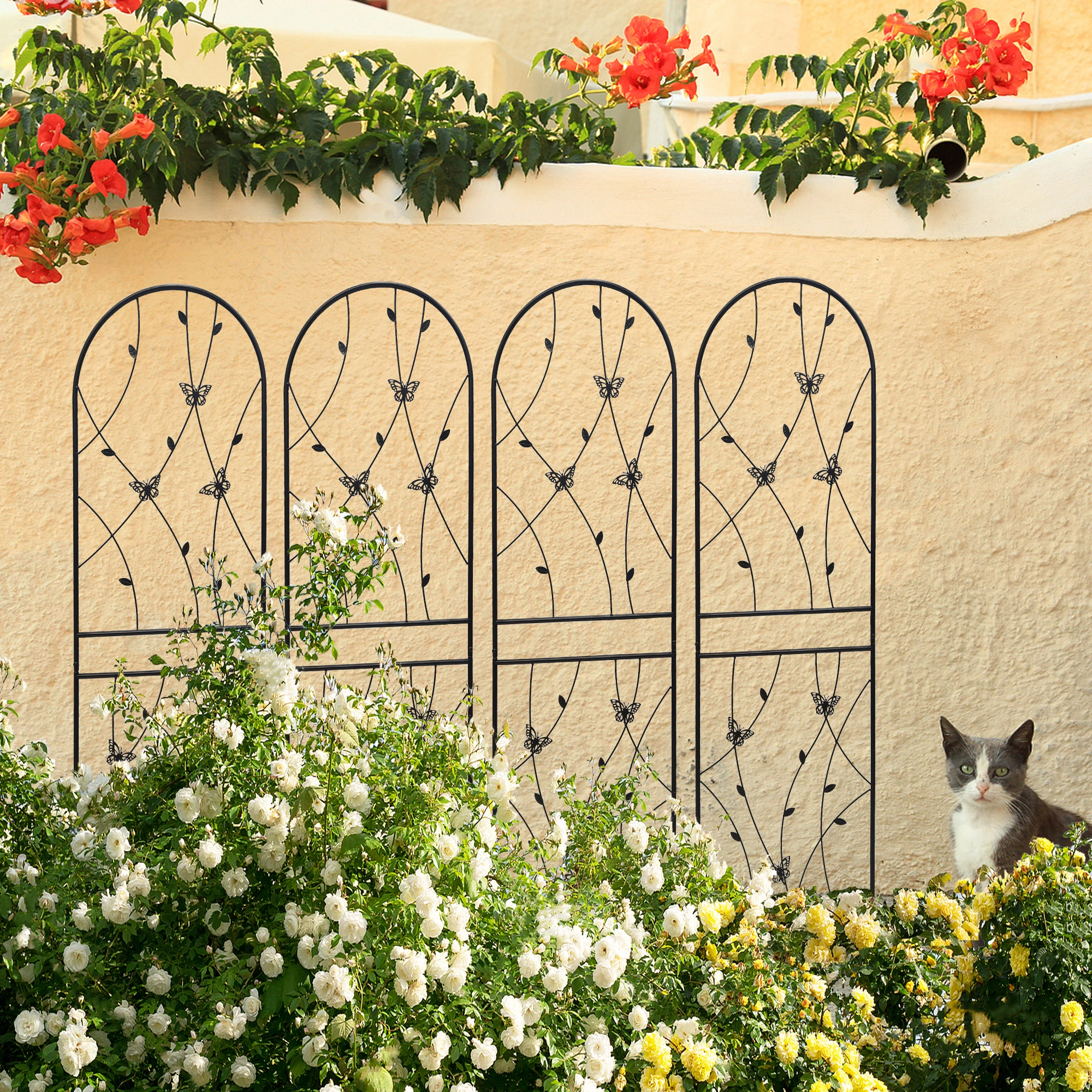 4 Pack Metal Garden Trellis 71" x 19.7" Rustproof Butterfly Wall Panel for Climbing Plants Outdoor Flower Support Black view 8