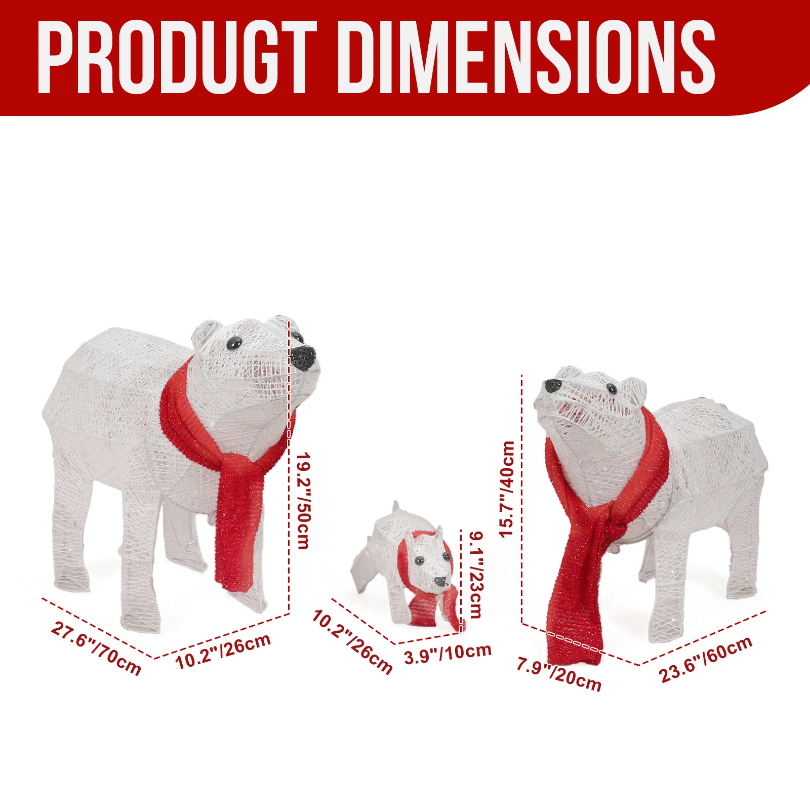Set of 3 Lighted Polar Bear Family Christmas Decorations, 190 Warm White LED Pre-Lit Holiday Lights for Indoor Outdoor Yards, White view 2