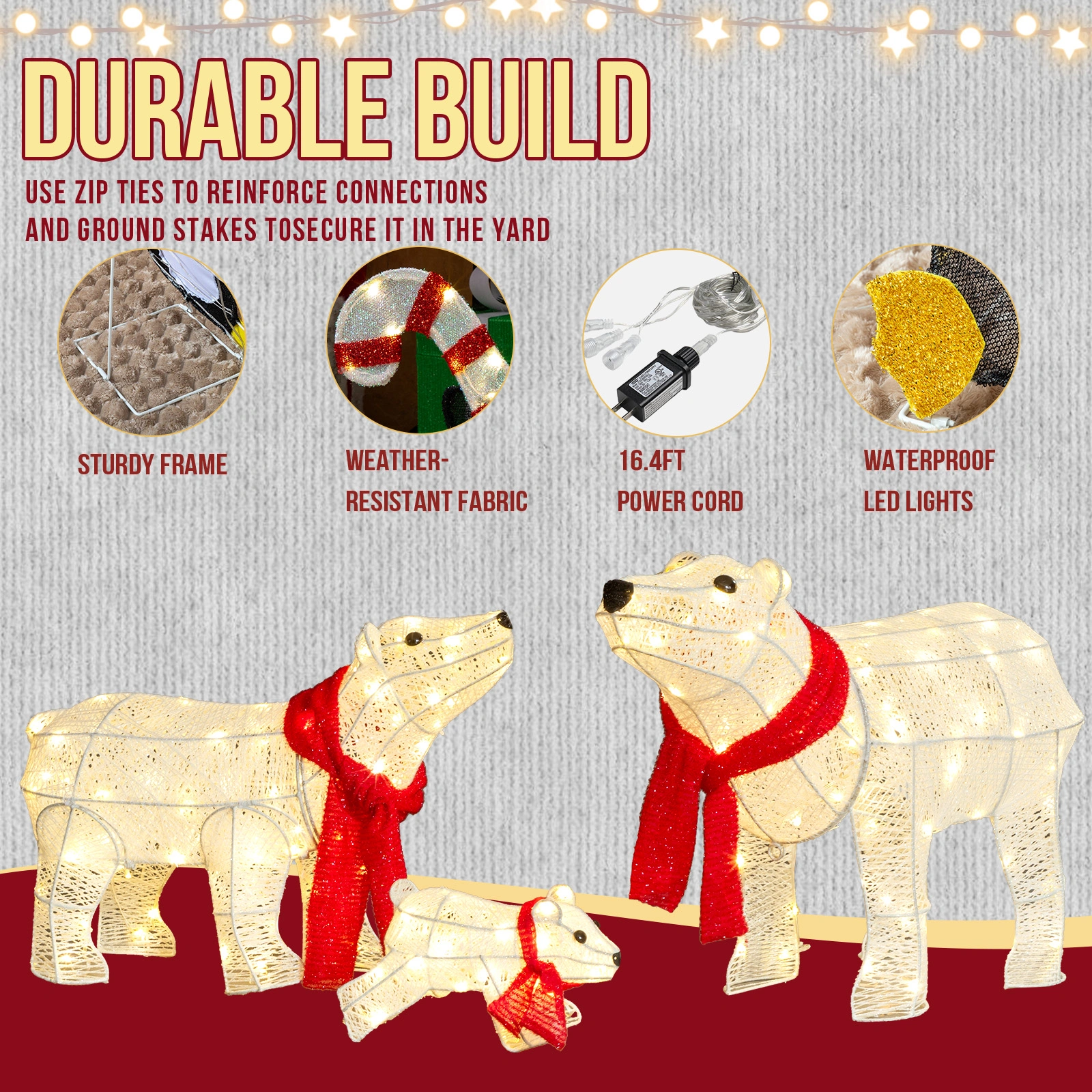 Set of 3 Lighted Polar Bear Family Christmas Decorations, 190 Warm White LED Pre-Lit Holiday Lights for Indoor Outdoor Yards, White view 5