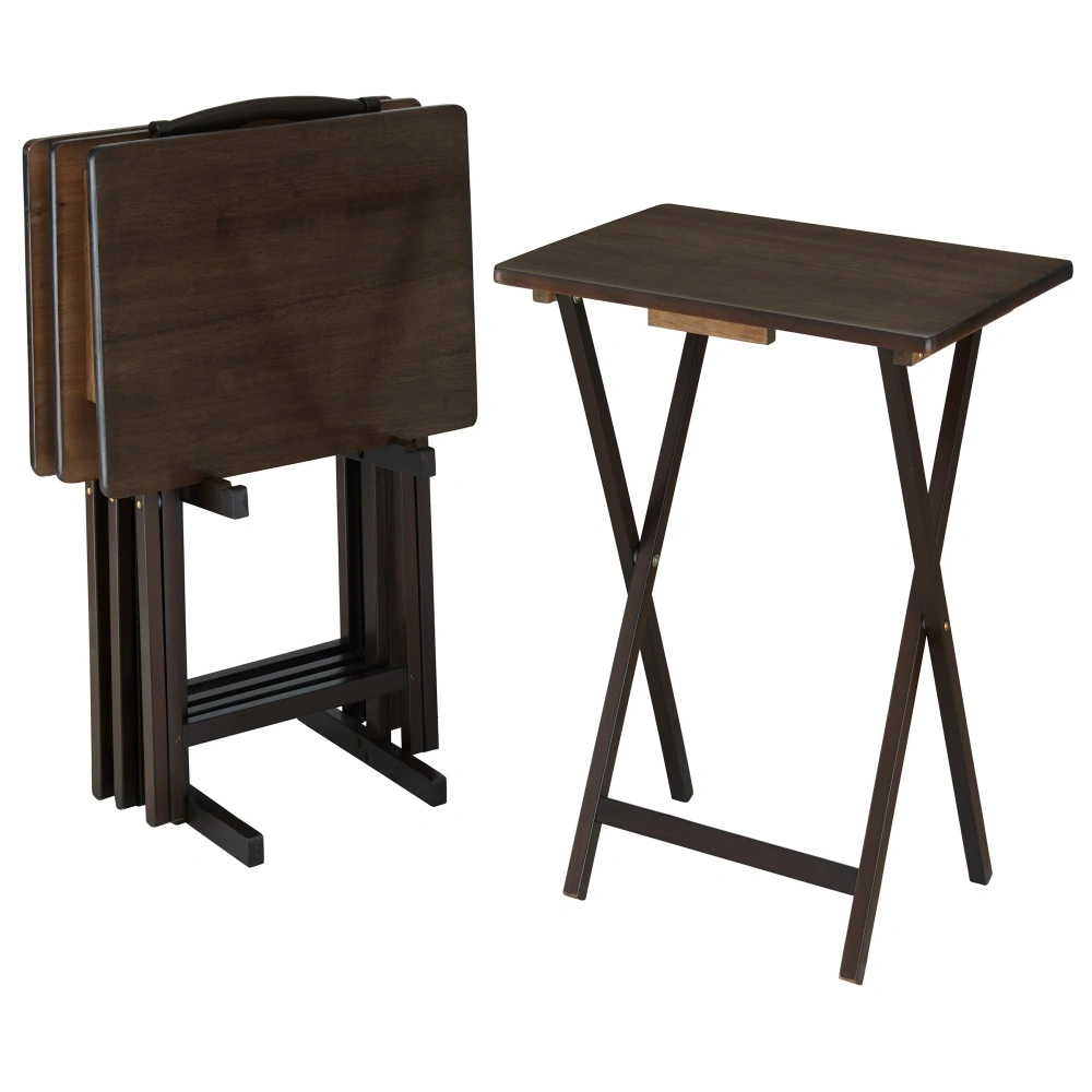 Folding TV Tray Tables Set of 4, Rubberwood Tray Table with Storage Rack, Walnut Finish, Portable Snack Table