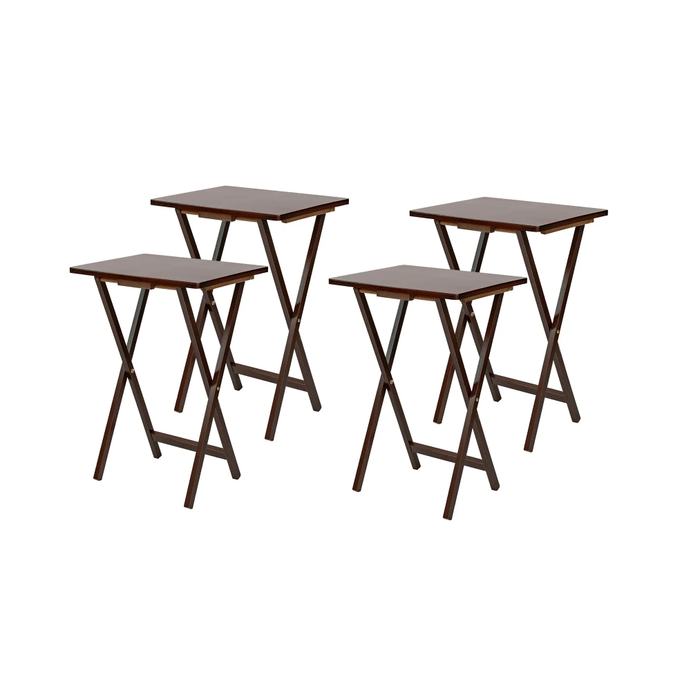 Folding TV Tray Tables Set of 4, Rubberwood Tray Table with Storage Rack, Walnut Finish, Portable Snack Table view 4