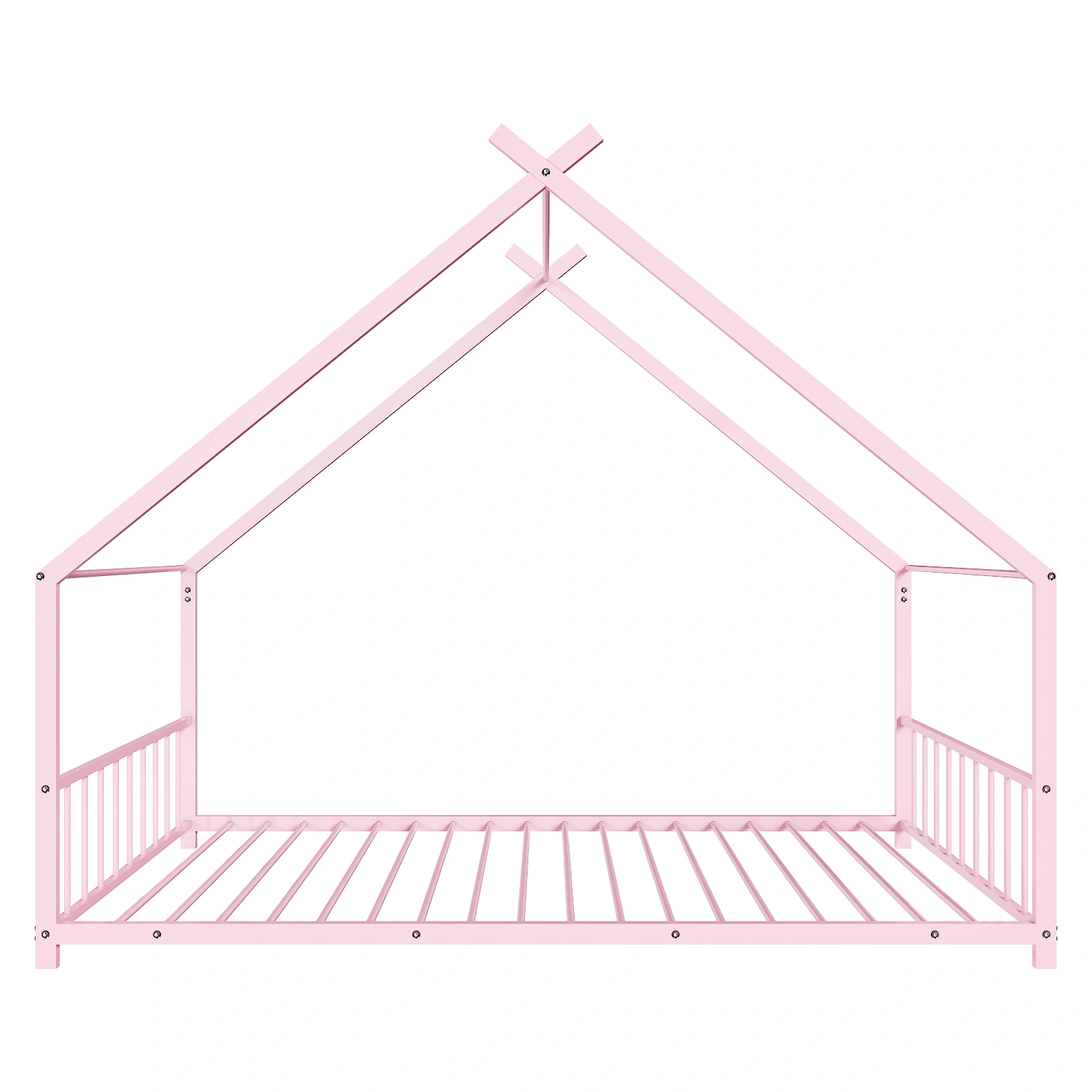 Pink Twin Iron Children's Bed, House-Shape Flat Bed Platform with Side Guardrails