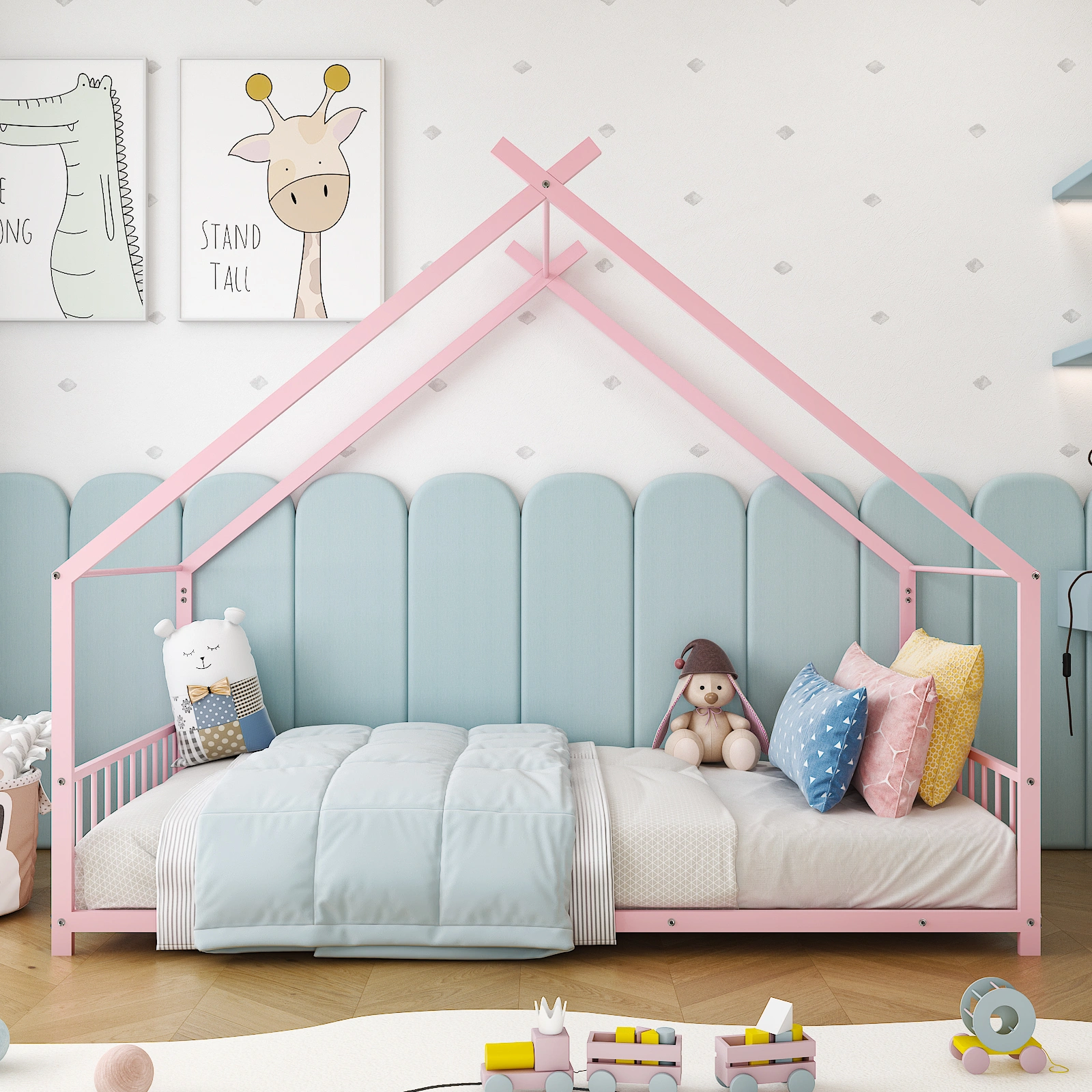 Pink Twin Iron Children's Bed, House-Shape Flat Bed Platform with Side Guardrails view 10