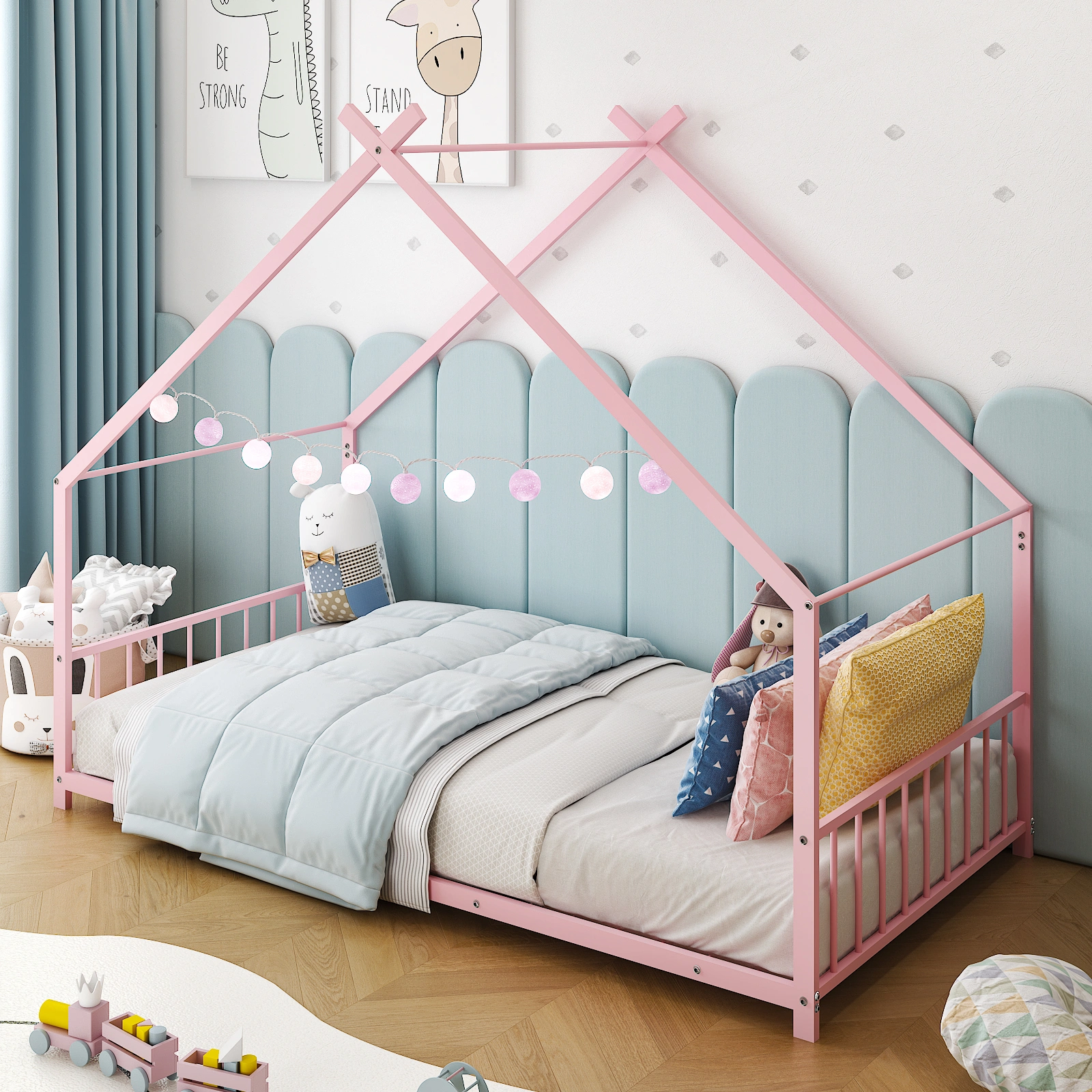 Pink Twin Iron Children's Bed, House-Shape Flat Bed Platform with Side Guardrails view 13