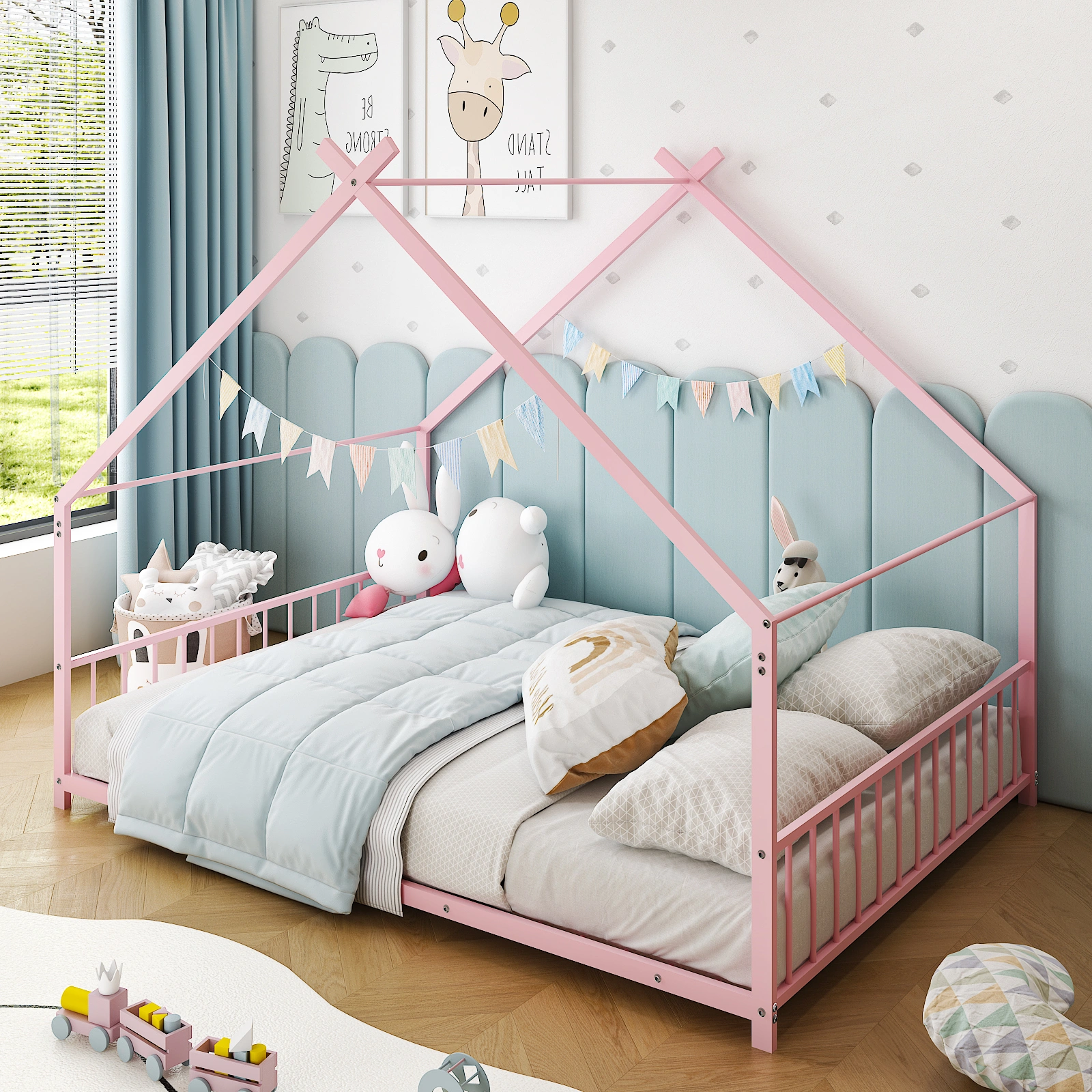 Pink Twin Iron Children's Bed, House-Shape Flat Bed Platform with Side Guardrails view 14