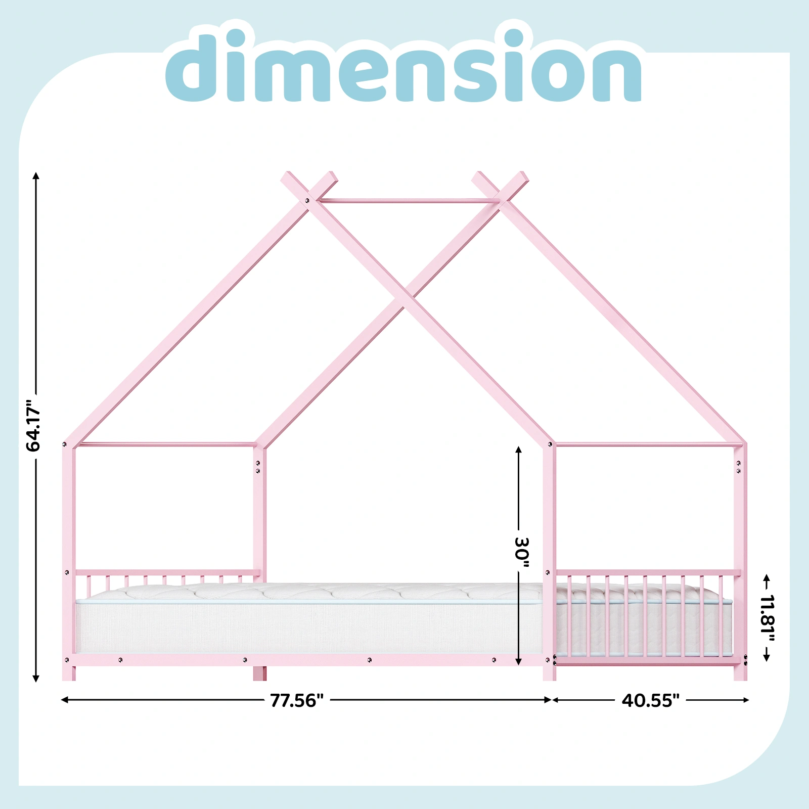Pink Twin Iron Children's Bed, House-Shape Flat Bed Platform with Side Guardrails view 2