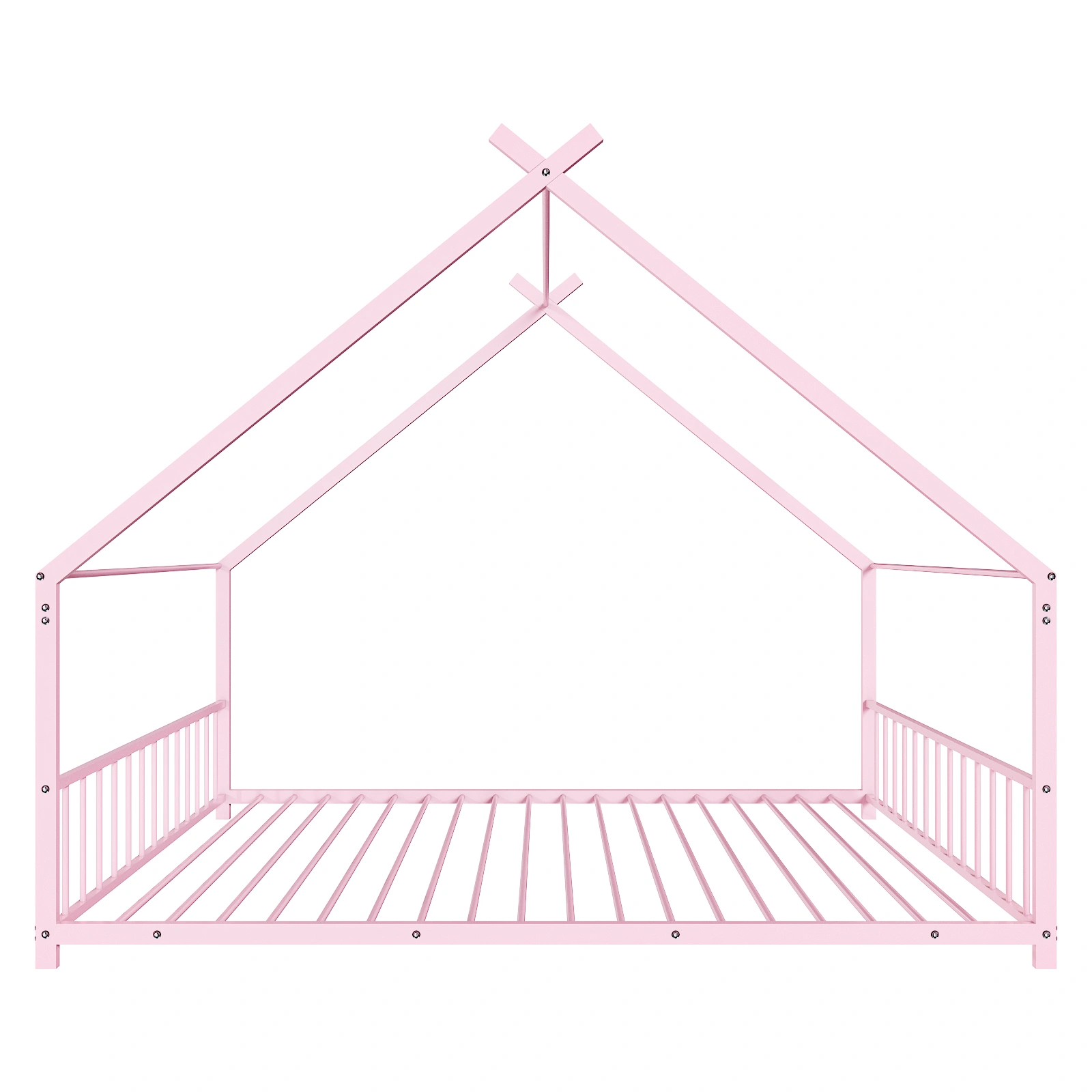 Pink Twin Iron Children's Bed, House-Shape Flat Bed Platform with Side Guardrails view 3