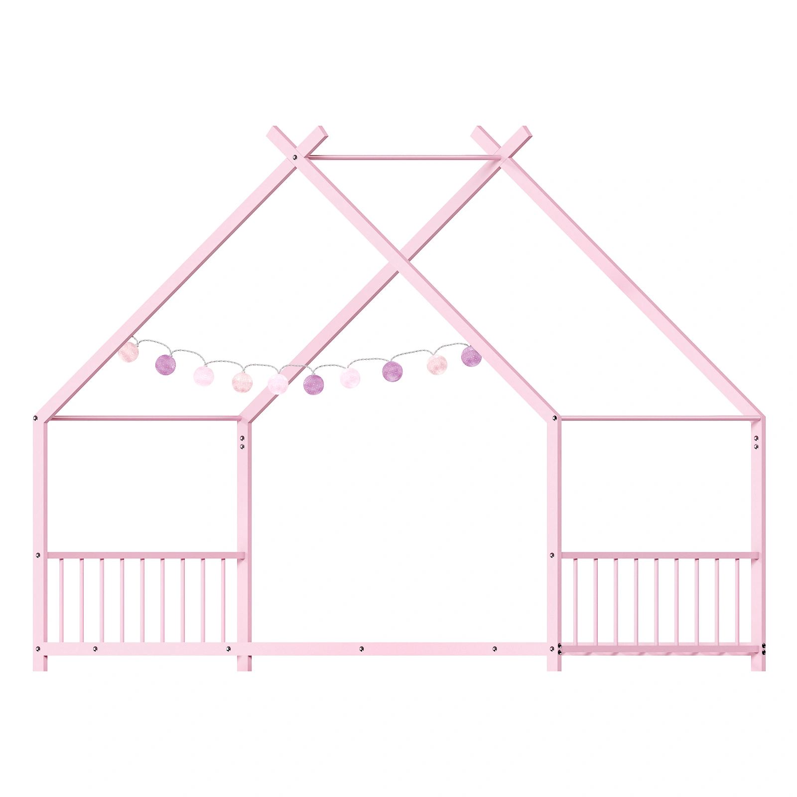 Pink Twin Iron Children's Bed, House-Shape Flat Bed Platform with Side Guardrails view 6
