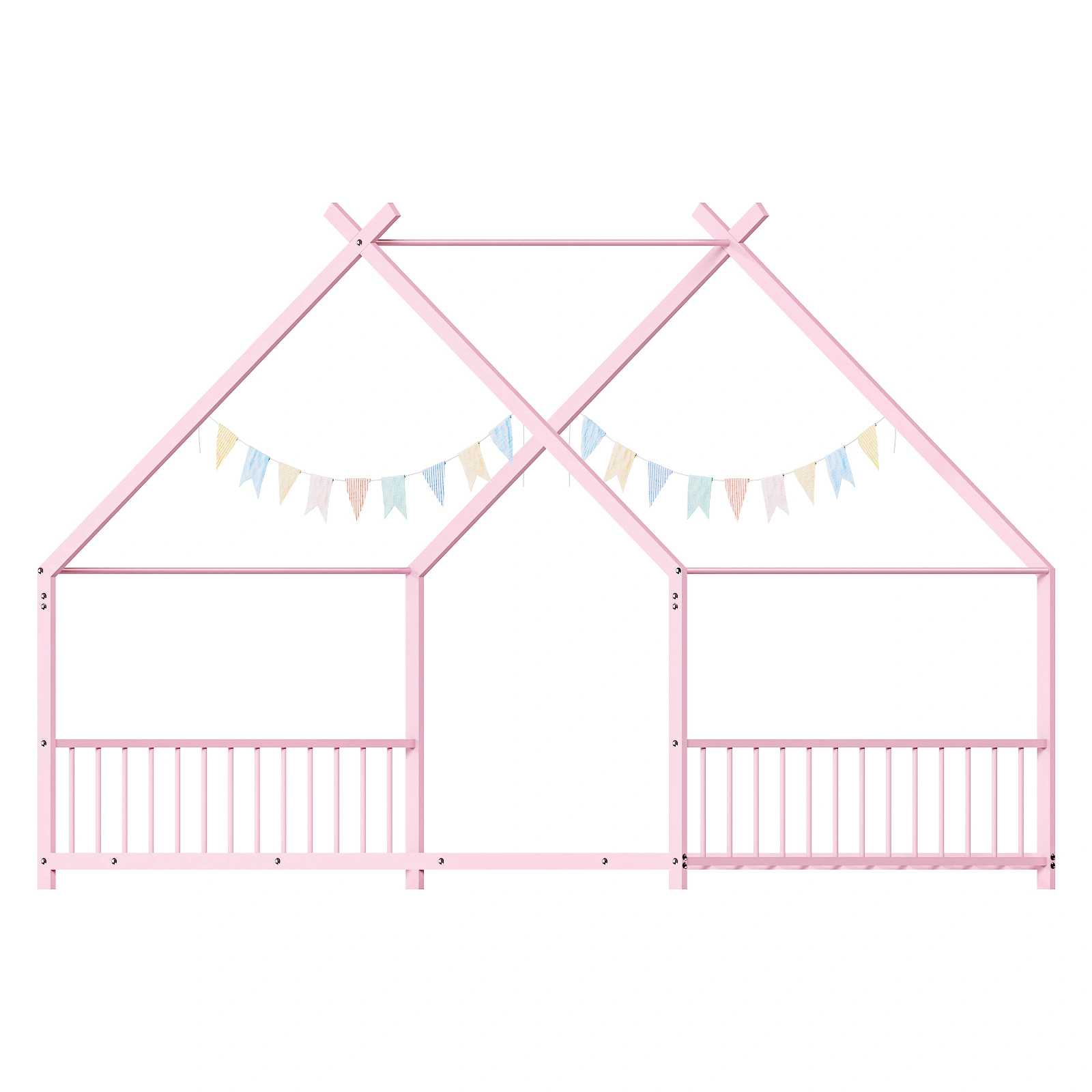 Pink Twin Iron Children's Bed, House-Shape Flat Bed Platform with Side Guardrails view 7