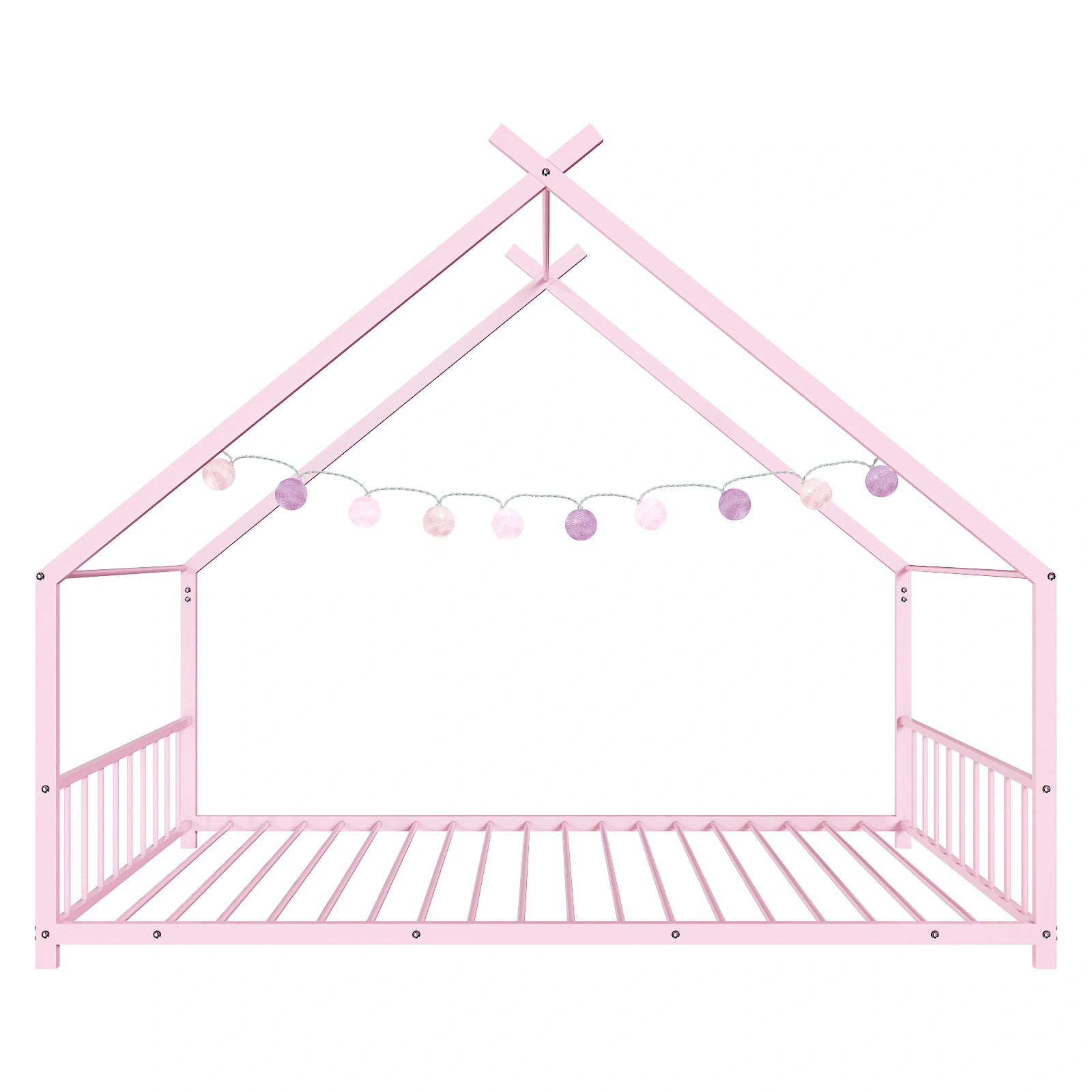 Pink Twin Iron Children's Bed, House-Shape Flat Bed Platform with Side Guardrails view 8