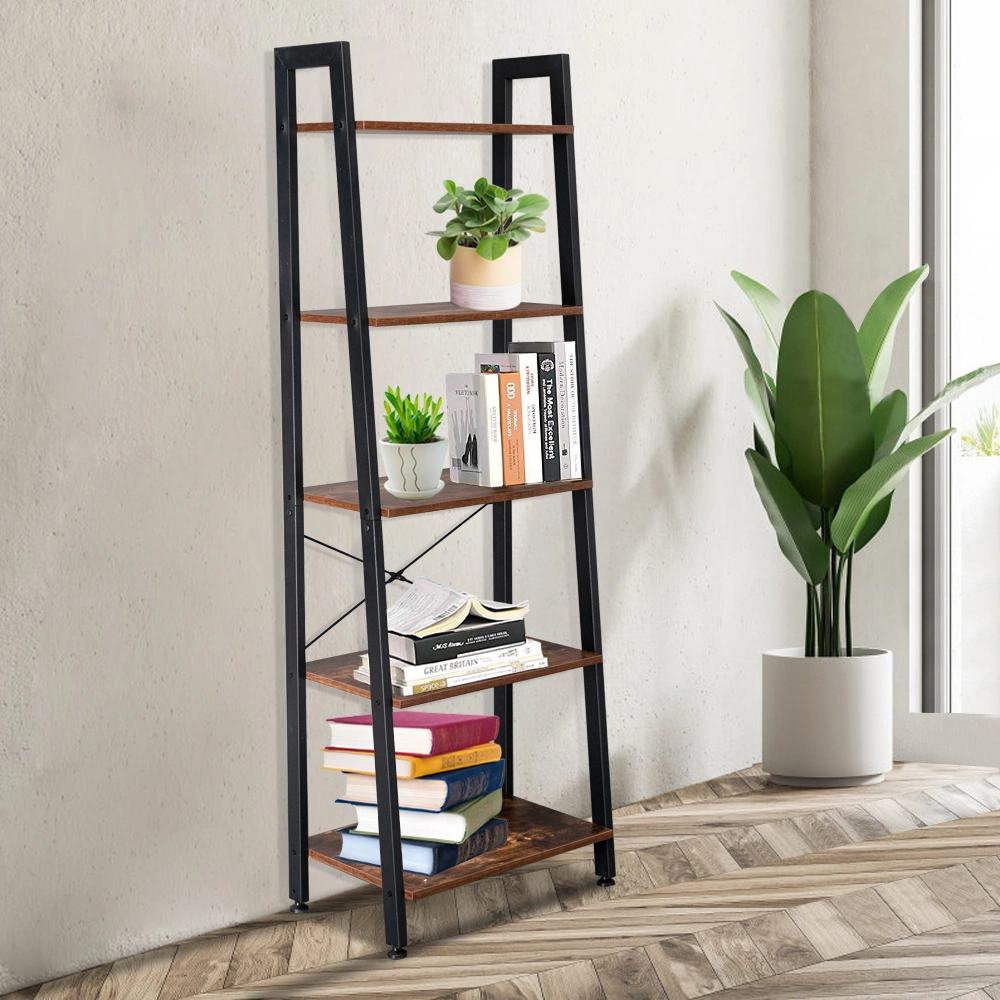 5 Tiers Industrial Ladder Shelf, Vintage Bookshelf, Metal Storage Rack for Office, Bathroom, Living Room