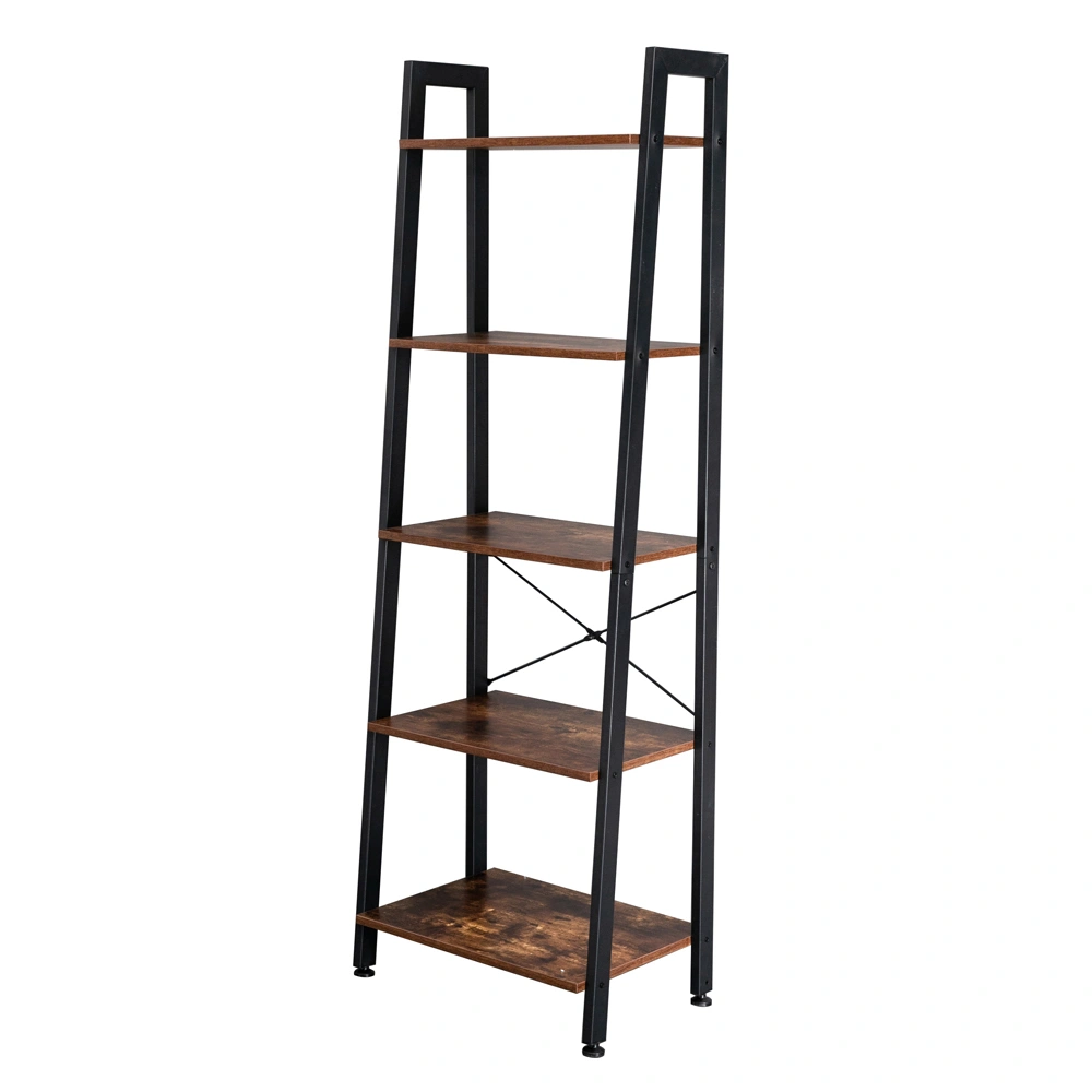 5 Tiers Industrial Ladder Shelf, Vintage Bookshelf, Metal Storage Rack for Office, Bathroom, Living Room view 2