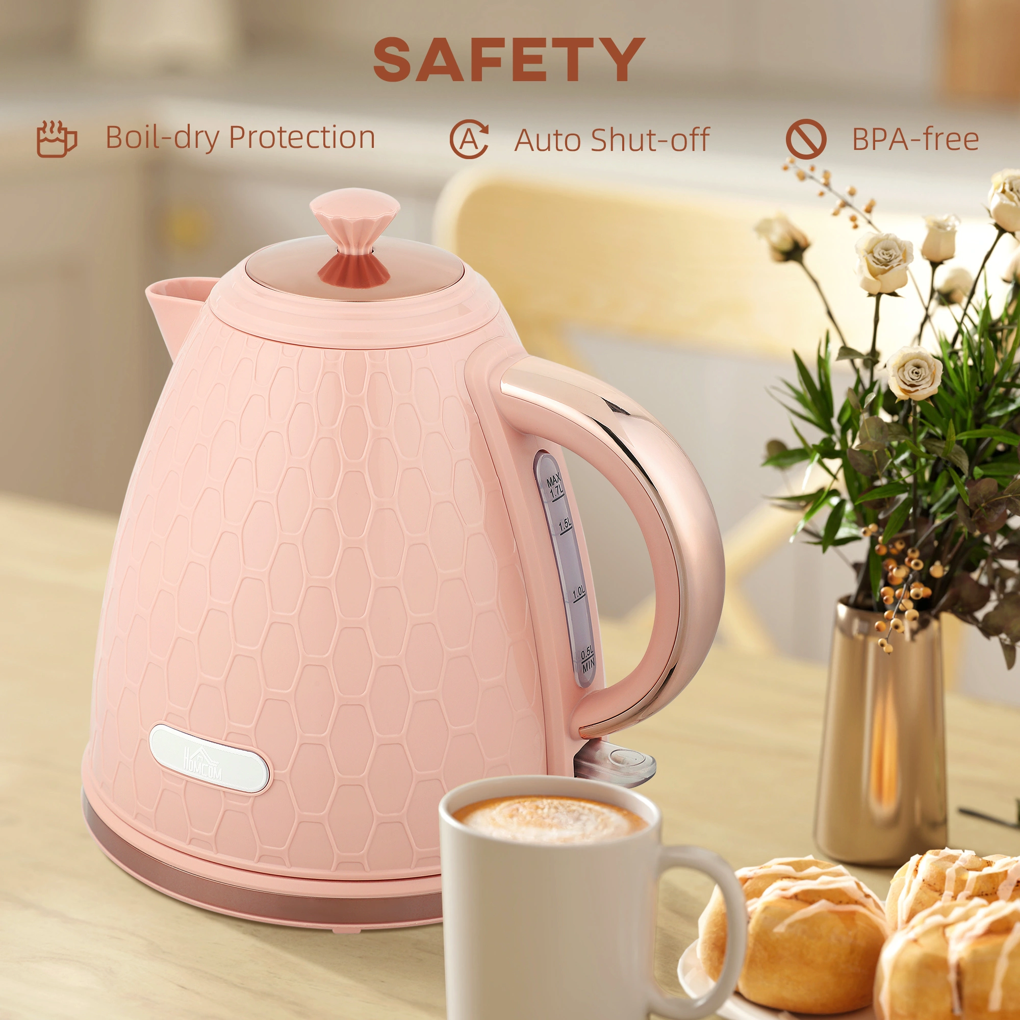 Electric Kettle 1.7L Rapid Boil, Stainless Steel, Auto Shut-Off, Boil-Dry Protection, BPA-Free