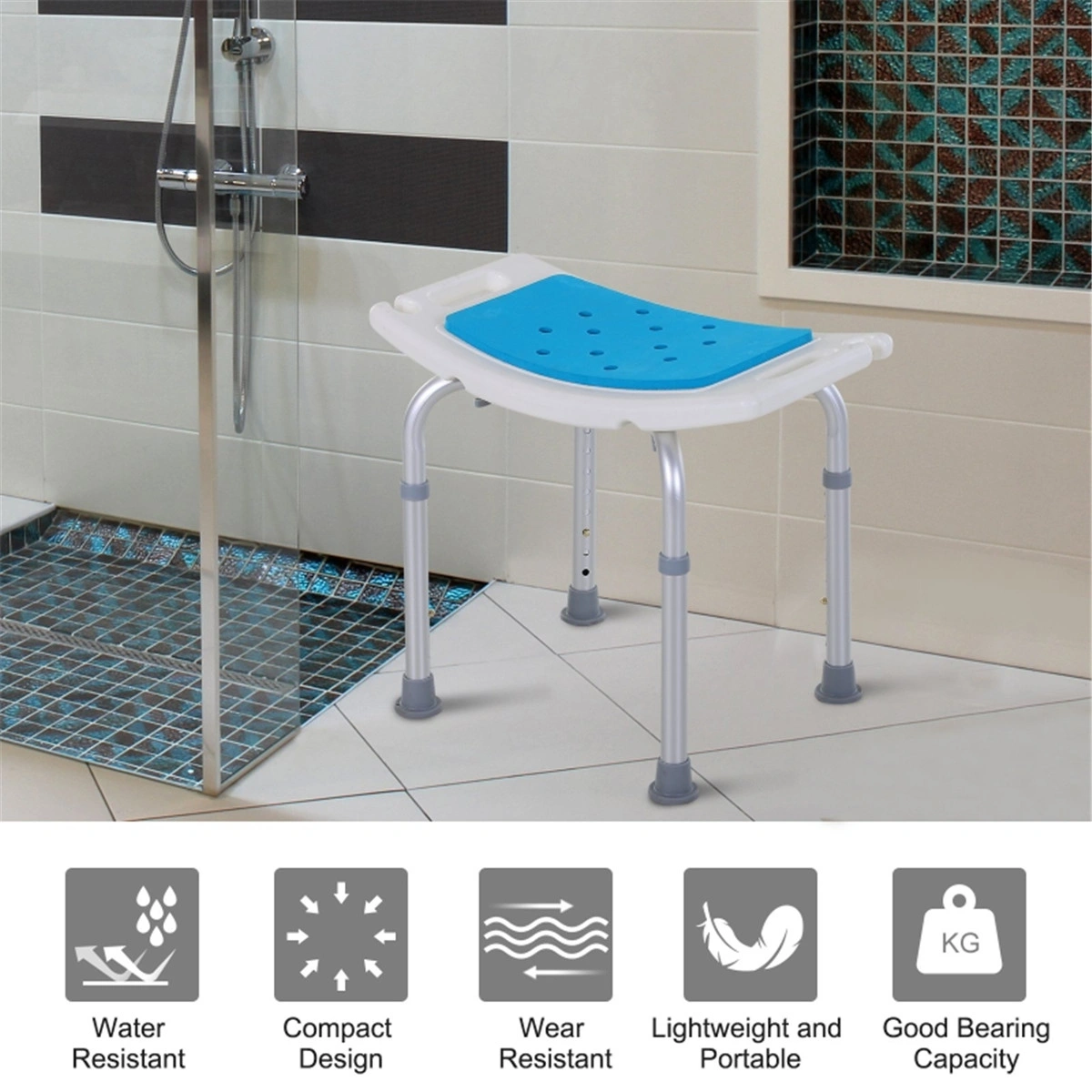Shower Chair with Backrest & Padded Seat, Non-Slip Rubber Feet, Adjustable Height Bathing Seat for Elderly & Disabled