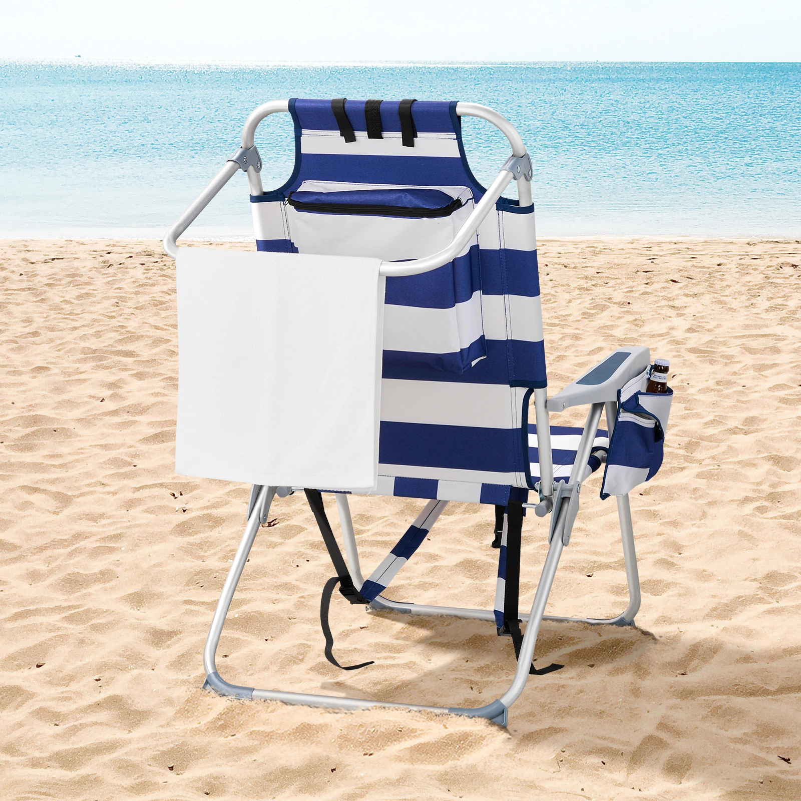 63*70*99cm Heightened Oxford Cloth Silver White Aluminum Tube Bearing 100kg Beach Chair Blue Stripes view 10