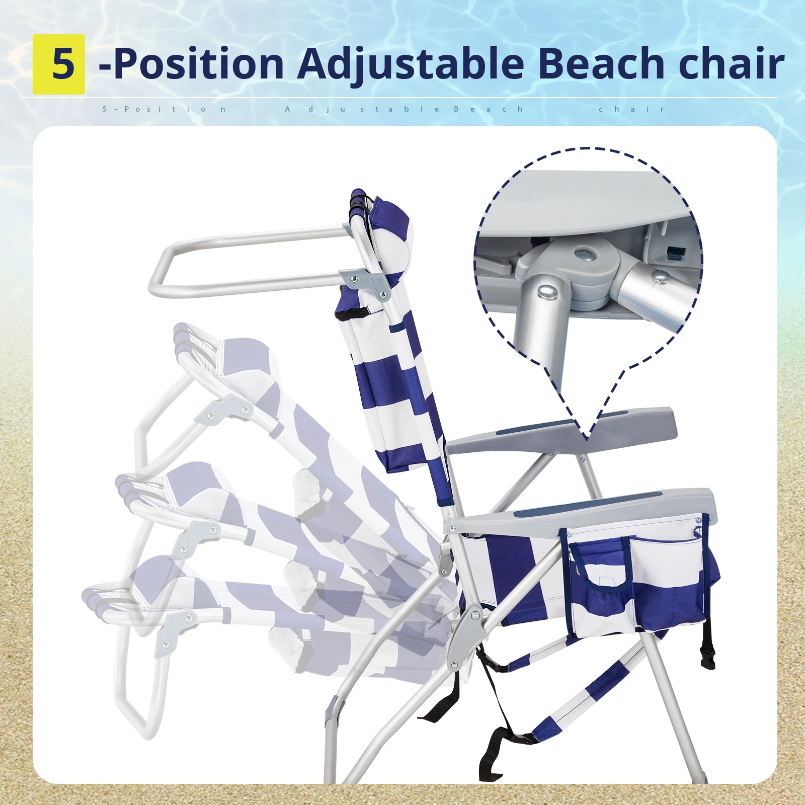 63*70*99cm Heightened Oxford Cloth Silver White Aluminum Tube Bearing 100kg Beach Chair Blue Stripes view 14