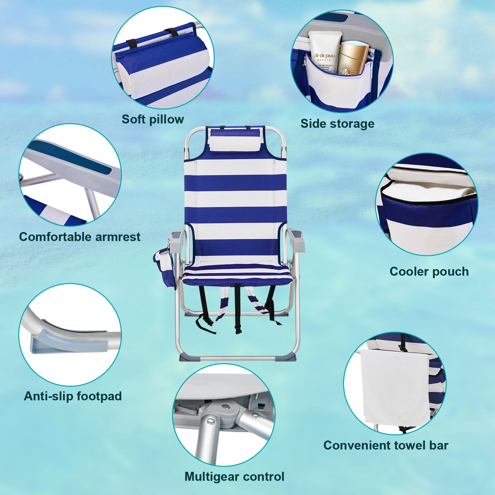 63*70*99cm Heightened Oxford Cloth Silver White Aluminum Tube Bearing 100kg Beach Chair Blue Stripes view 15