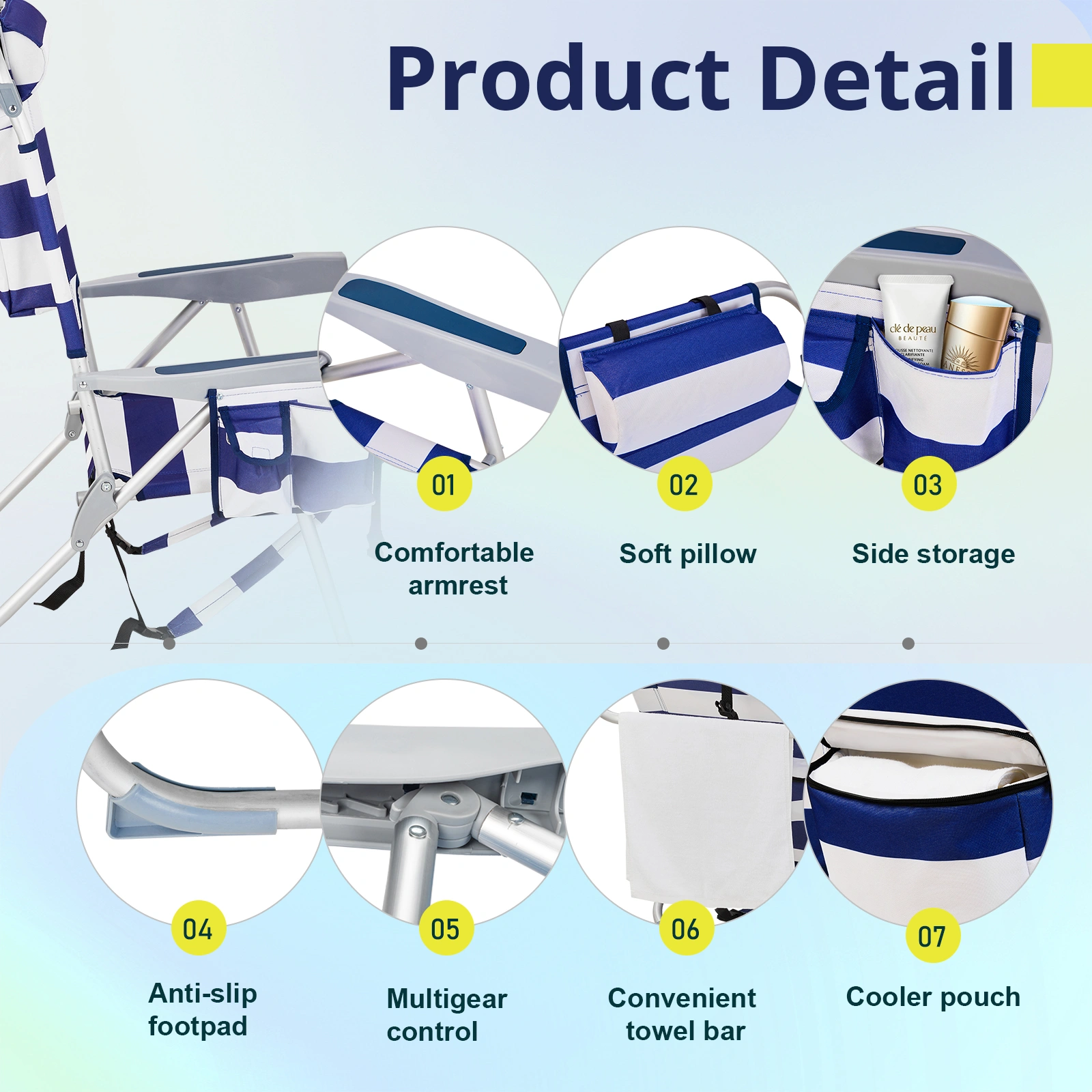 63*70*99cm Heightened Oxford Cloth Silver White Aluminum Tube Bearing 100kg Beach Chair Blue Stripes view 16