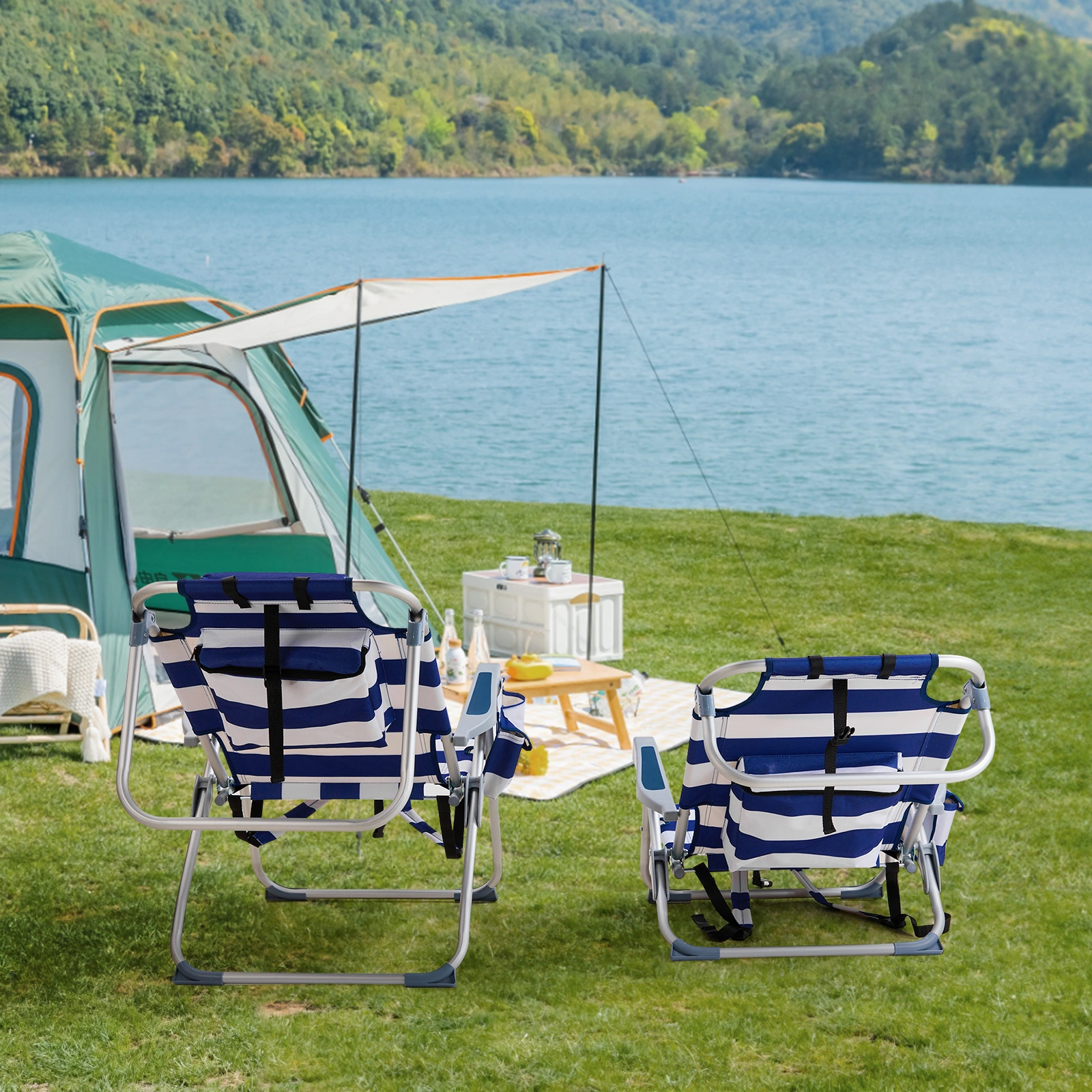 63*70*99cm Heightened Oxford Cloth Silver White Aluminum Tube Bearing 100kg Beach Chair Blue Stripes view 17