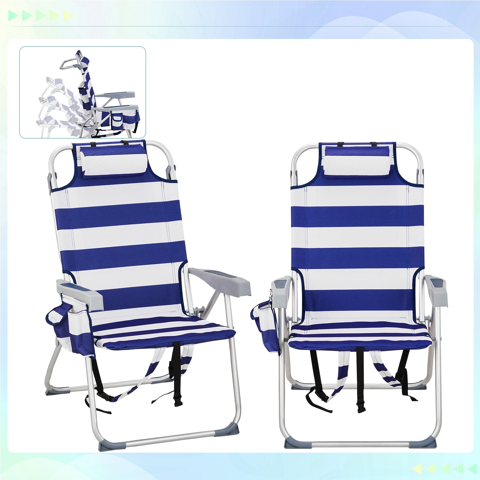 63*70*99cm Heightened Oxford Cloth Silver White Aluminum Tube Bearing 100kg Beach Chair Blue Stripes view 5