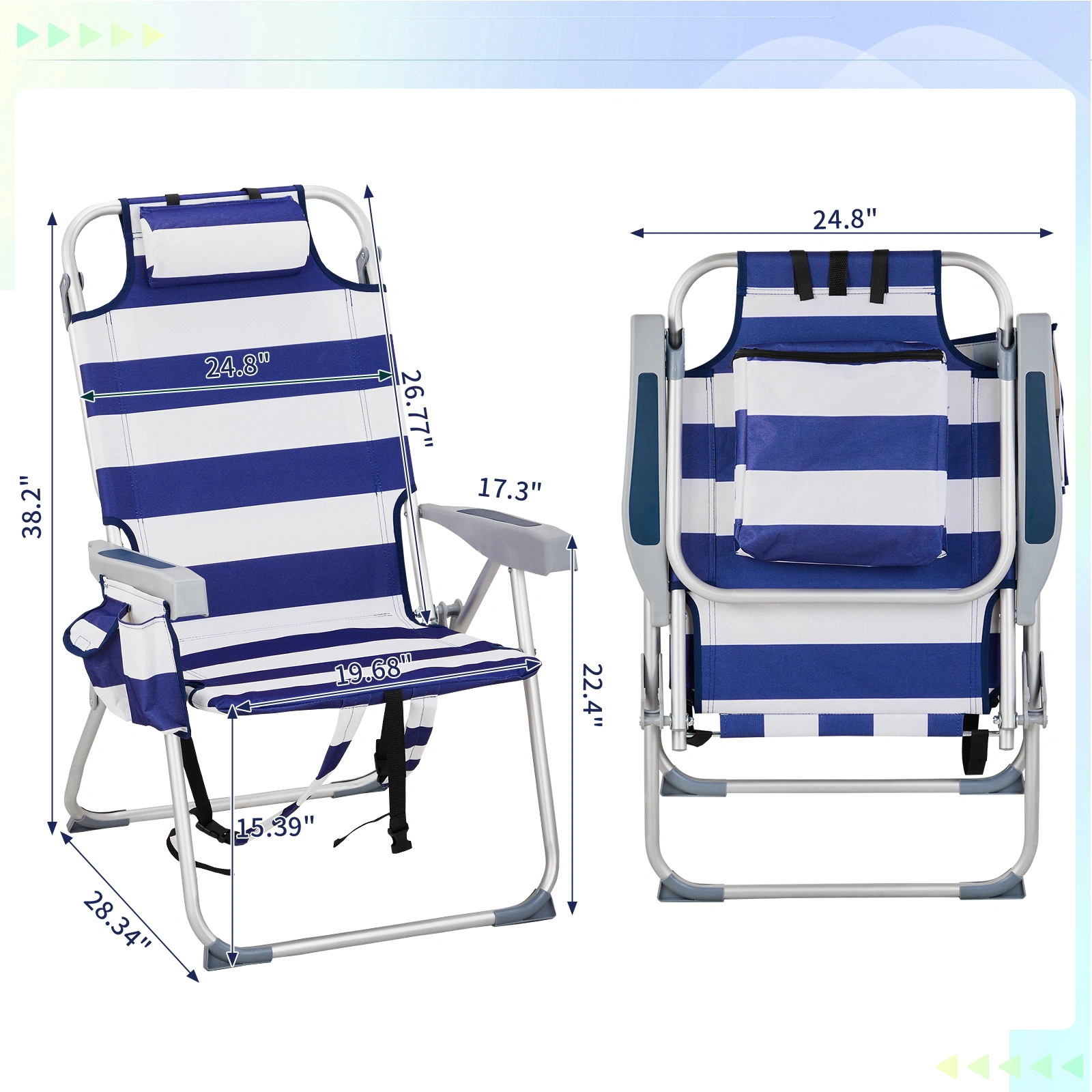 63*70*99cm Heightened Oxford Cloth Silver White Aluminum Tube Bearing 100kg Beach Chair Blue Stripes view 6