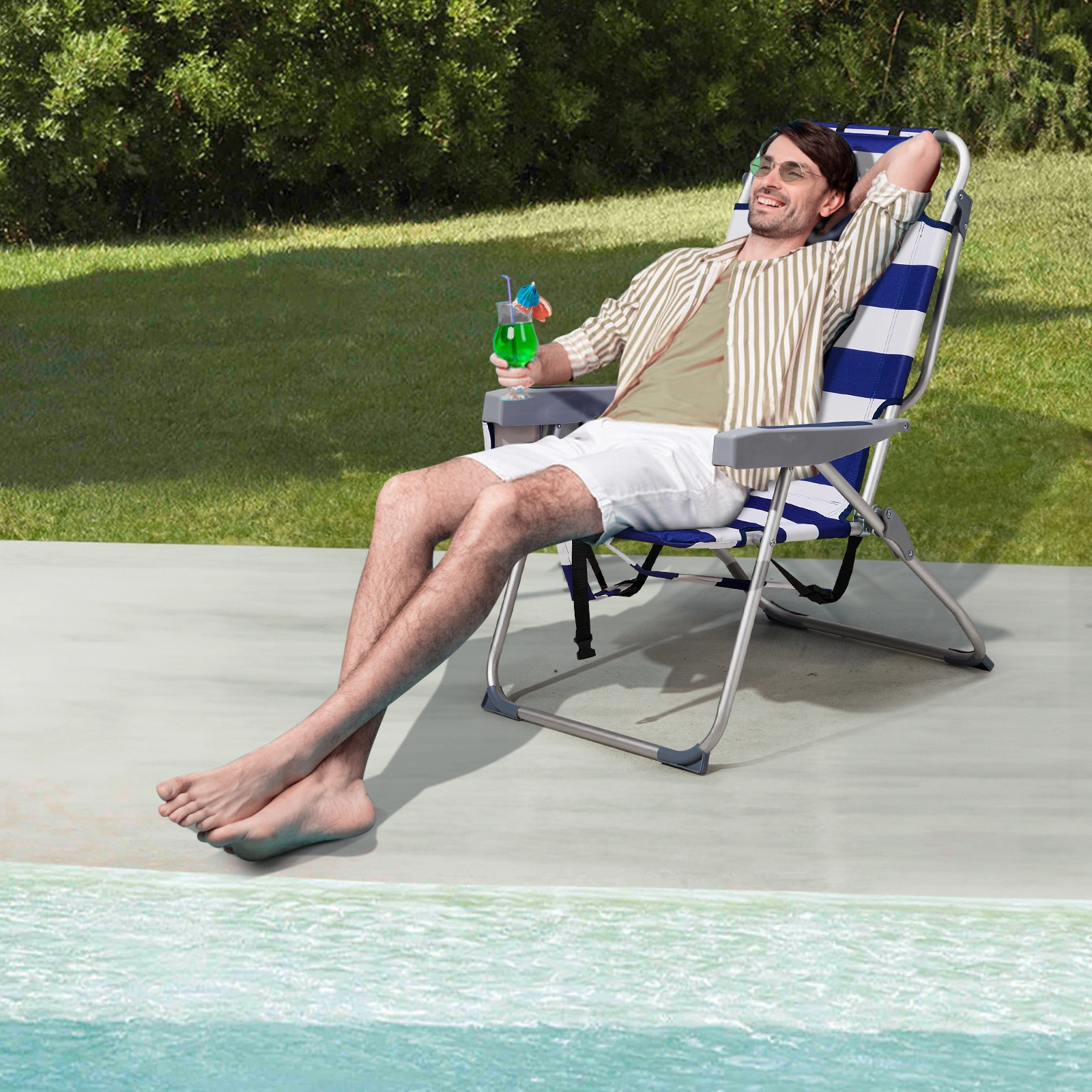 63*70*99cm Heightened Oxford Cloth Silver White Aluminum Tube Bearing 100kg Beach Chair Blue Stripes view 7