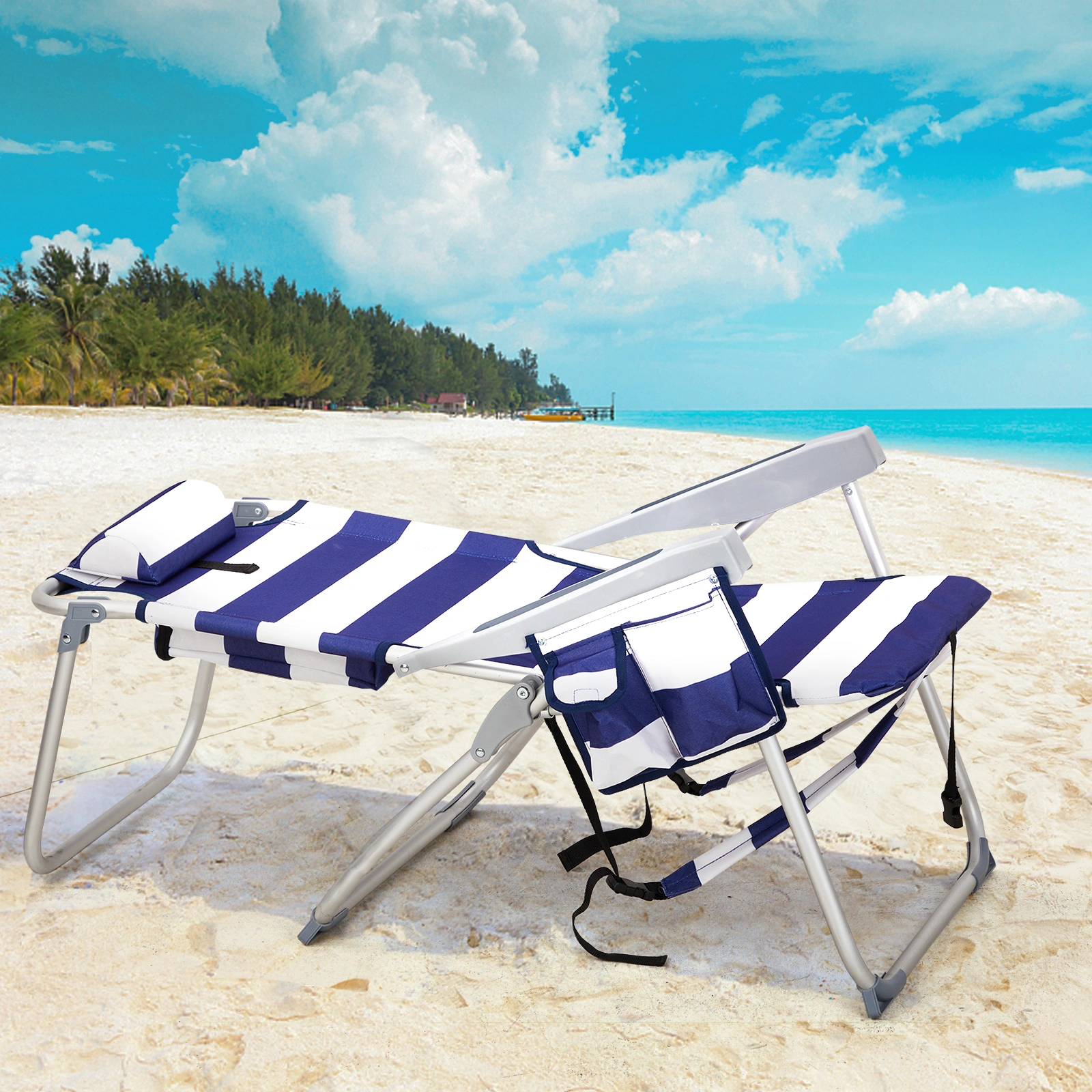 63*70*99cm Heightened Oxford Cloth Silver White Aluminum Tube Bearing 100kg Beach Chair Blue Stripes view 8