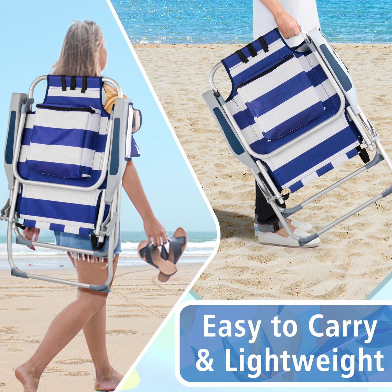 63*70*99cm Heightened Oxford Cloth Silver White Aluminum Tube Bearing 100kg Beach Chair Blue Stripes view 9