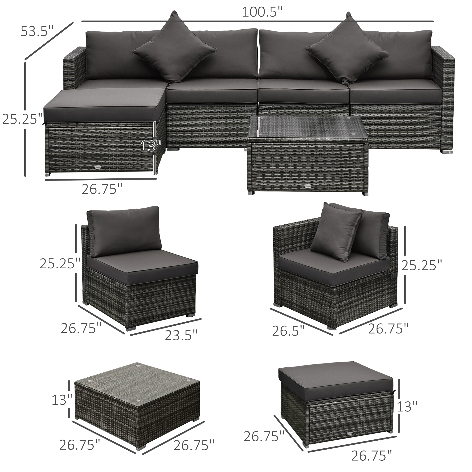 5-Piece Patio Furniture Set, All-Weather Rattan Wicker Outdoor Conversation Set with Cushions, Gray view 2