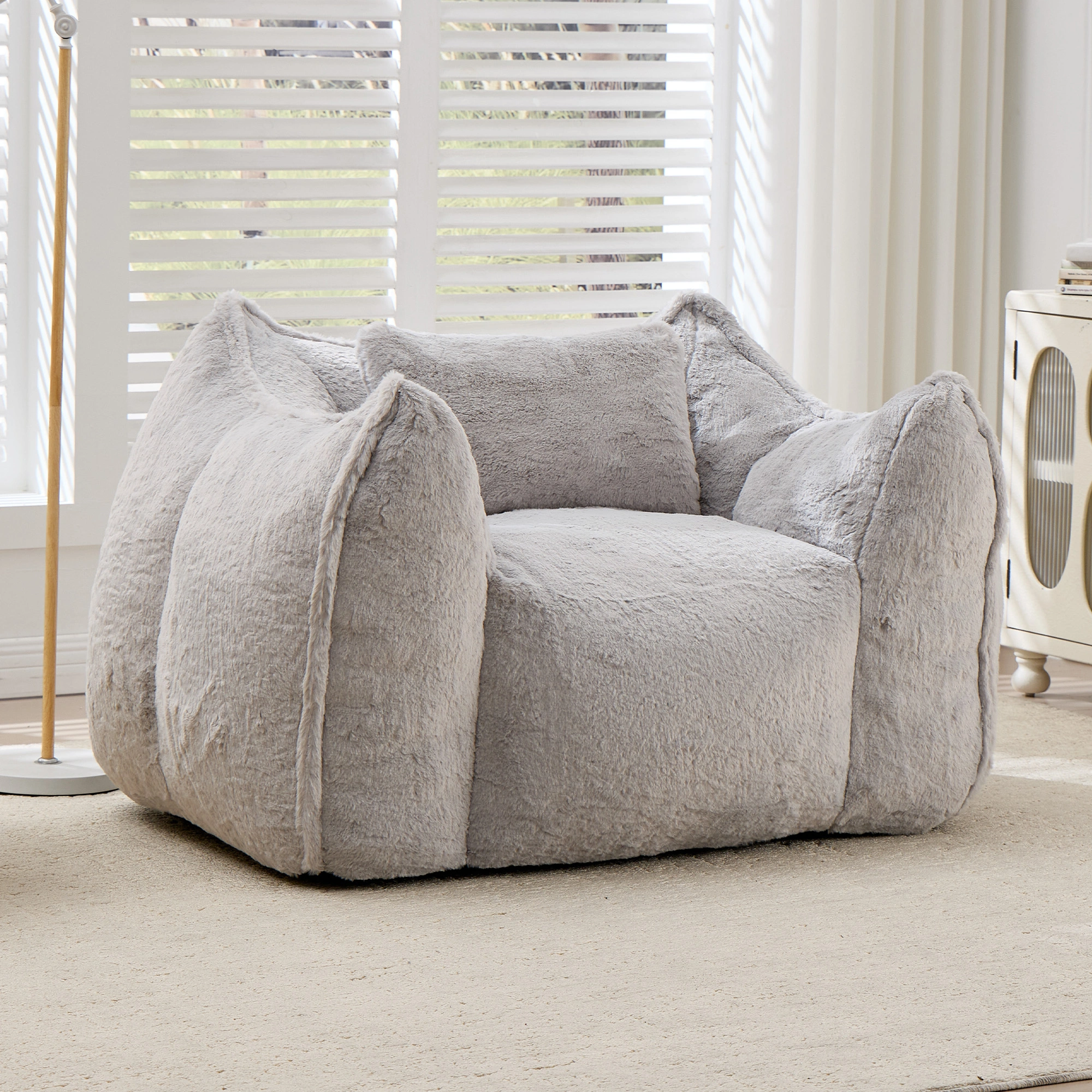 Giant Bean Bag Chair with Pillow, Large Faux Fur Beanbag for Adults & Kids, Comfy Floor Sofa for Living Room Bedroom Apartment, Grey