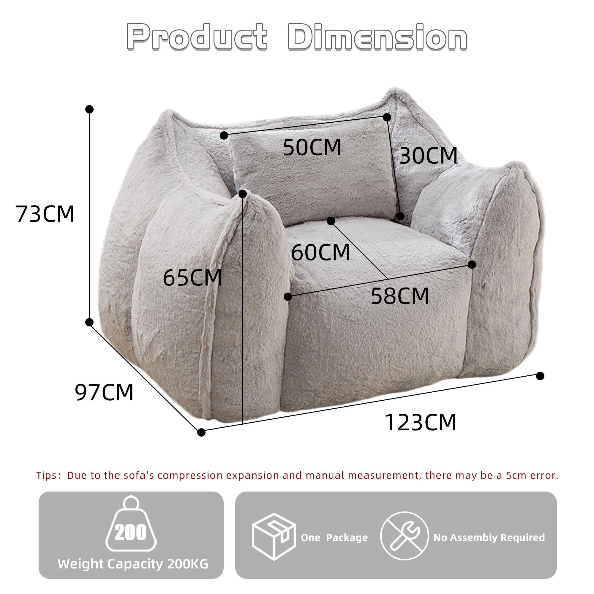 Giant Bean Bag Chair with Pillow, Large Faux Fur Beanbag for Adults & Kids, Comfy Floor Sofa for Living Room Bedroom Apartment, Grey view 3
