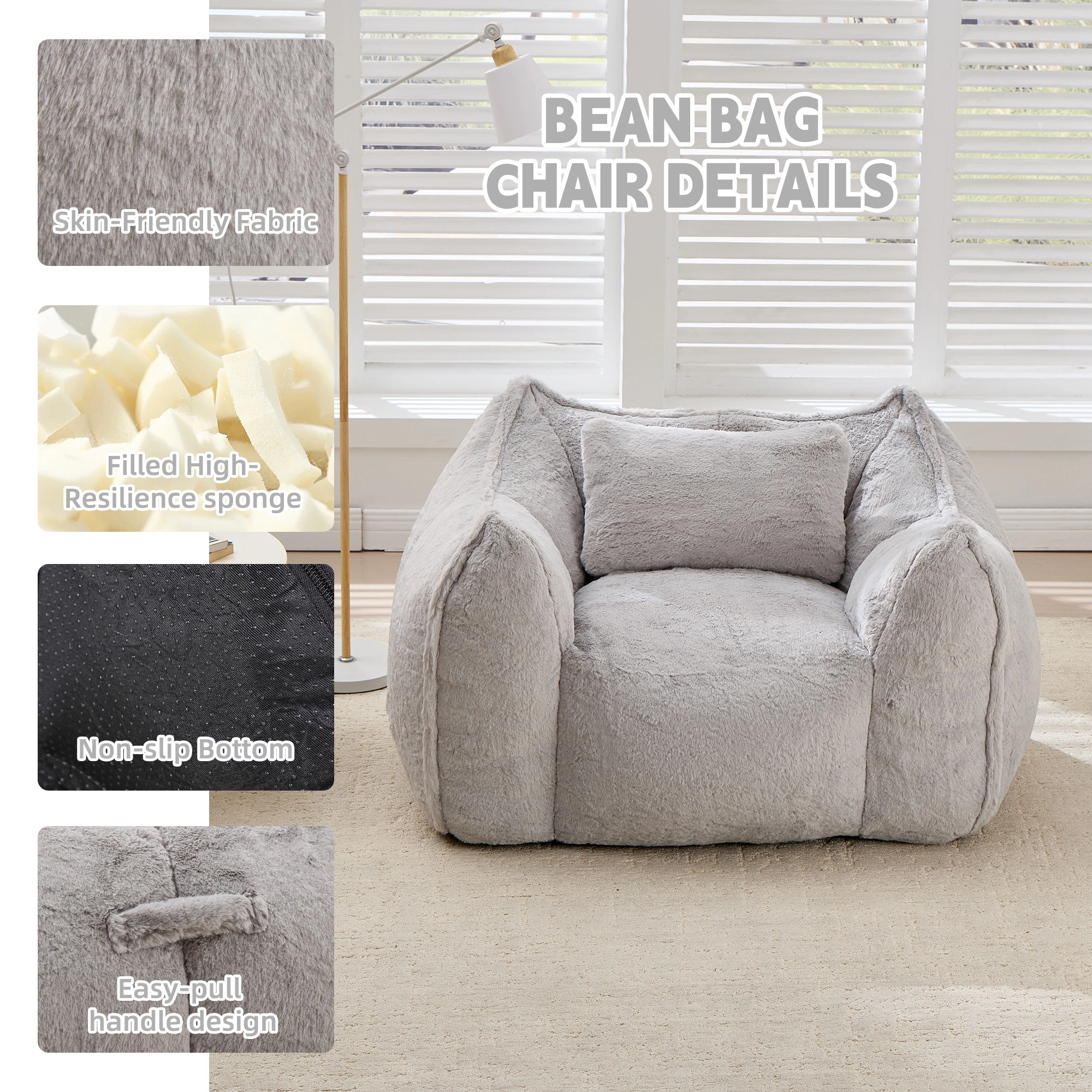 Giant Bean Bag Chair with Pillow, Large Faux Fur Beanbag for Adults & Kids, Comfy Floor Sofa for Living Room Bedroom Apartment, Grey view 4