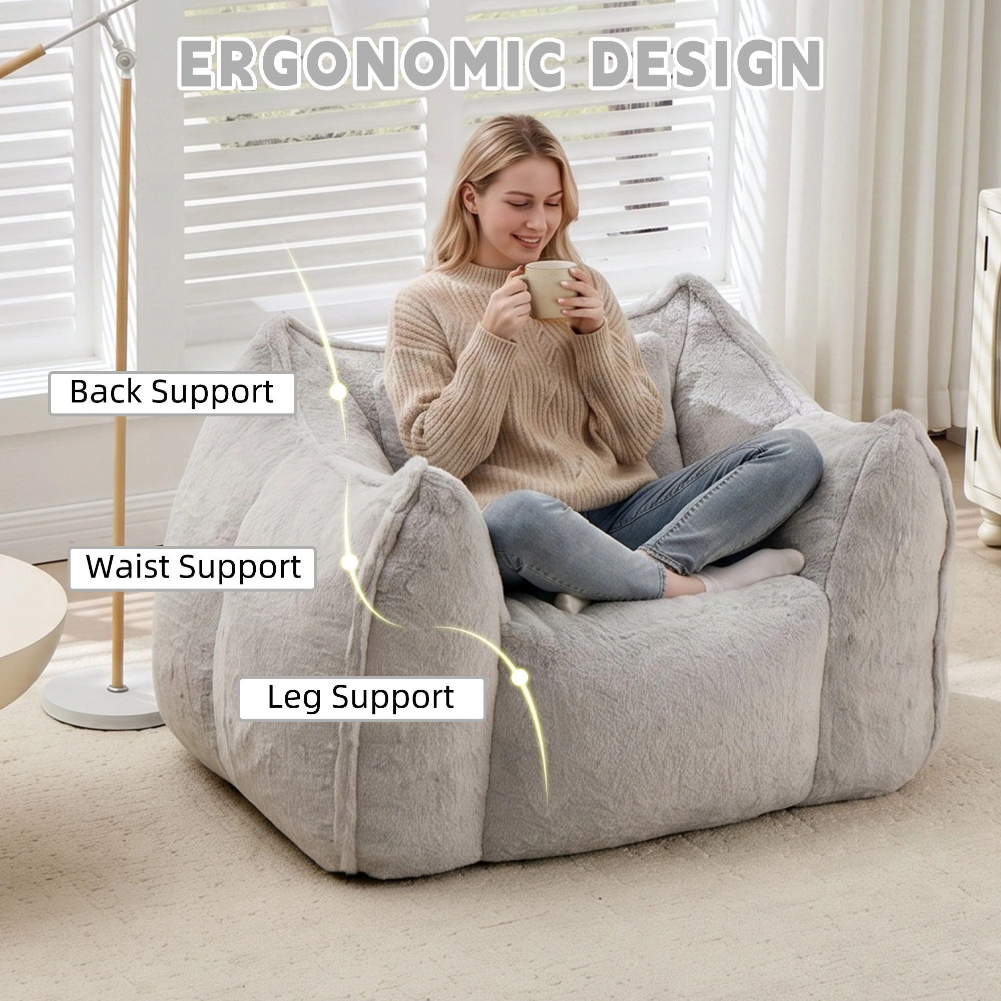 Giant Bean Bag Chair with Pillow, Large Faux Fur Beanbag for Adults & Kids, Comfy Floor Sofa for Living Room Bedroom Apartment, Grey view 5