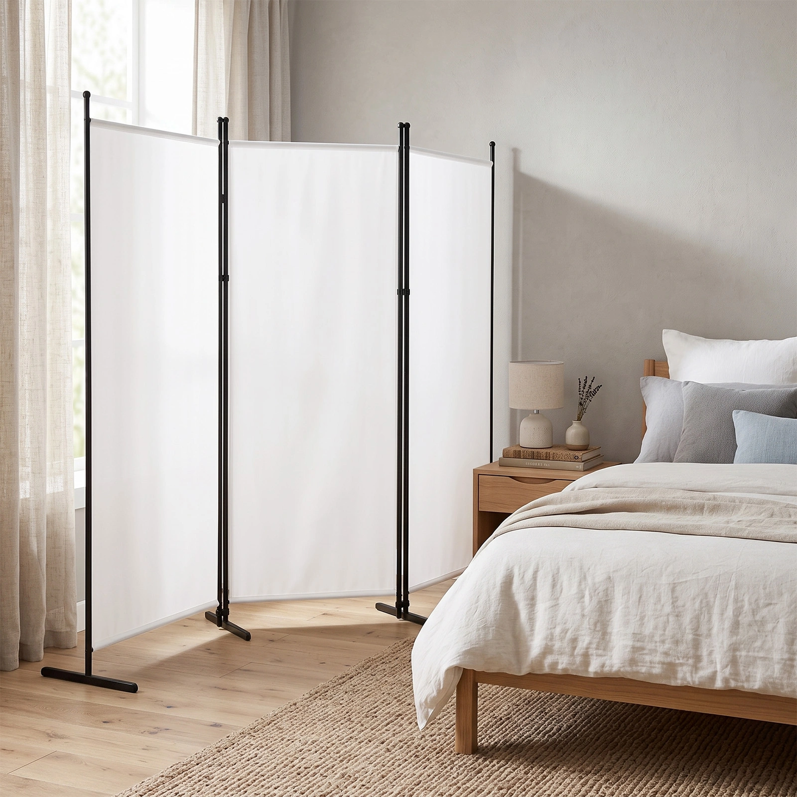 3-Fold Foldable Screen 160g Plastic Feet Polyester Fabric Carbon Steel Frame Room Divider 6FT Off-White view 10